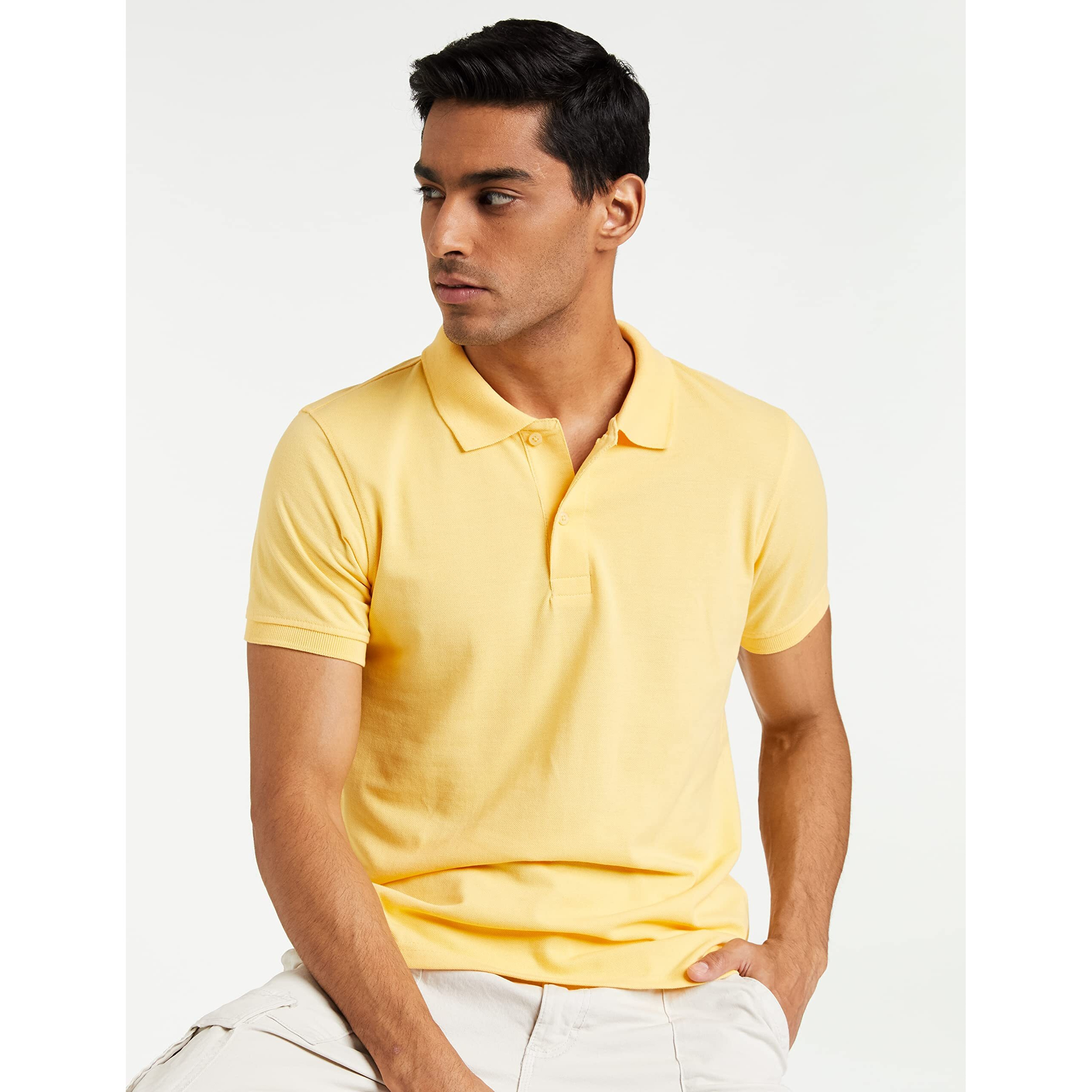 Amazon Brand - Symbol Men's Solid Cotton Rich Polo T Shirt | Collar Tshirts | Half Sleeves | Plain-Regular Fit (Golden Haze_4XL) (Available in Plus Size)