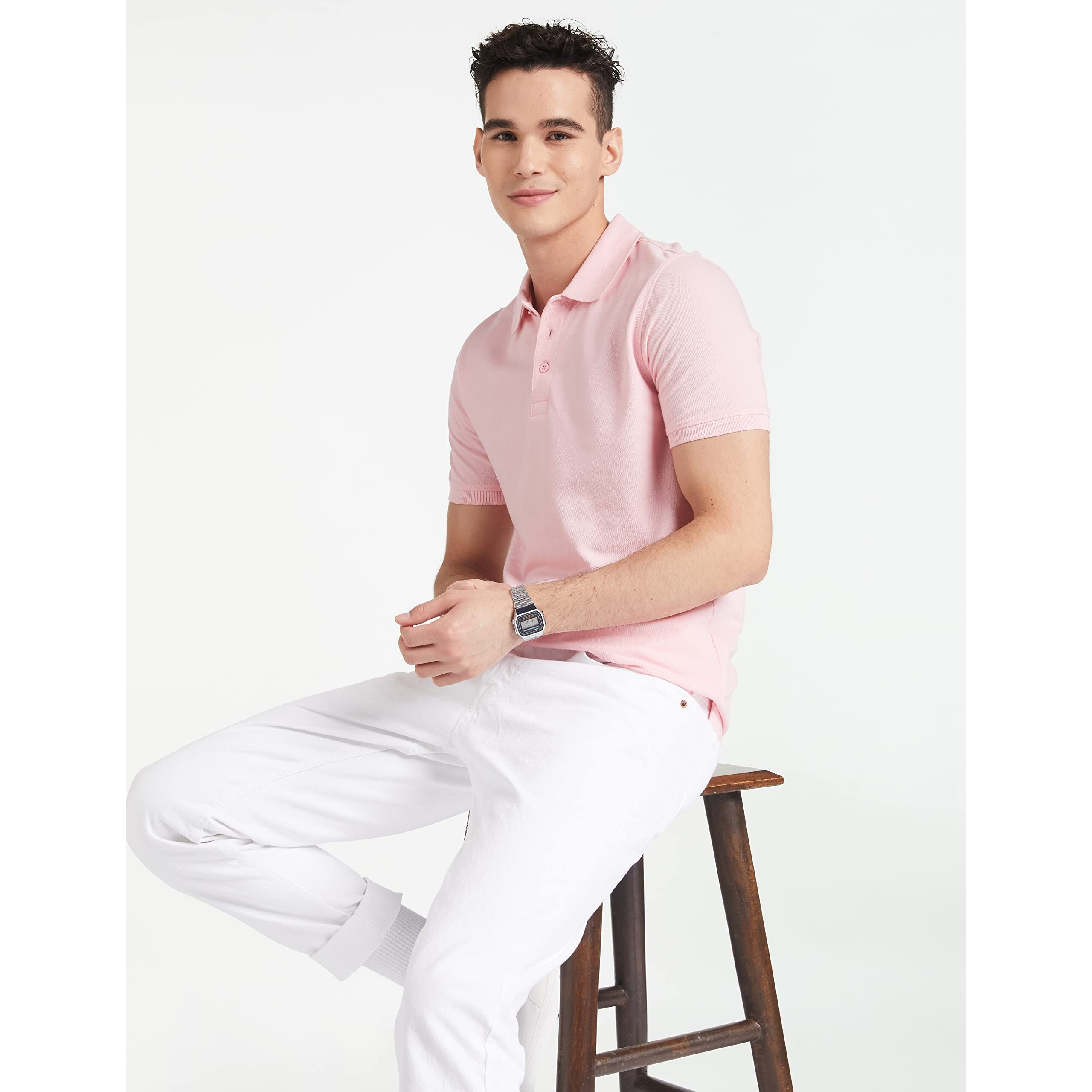 Amazon Brand - Symbol Men's Solid Cotton Rich Polo T Shirt | Collar Tshirts | Half Sleeves | Plain-Regular Fit (Pink_M) (Available in Plus Size)