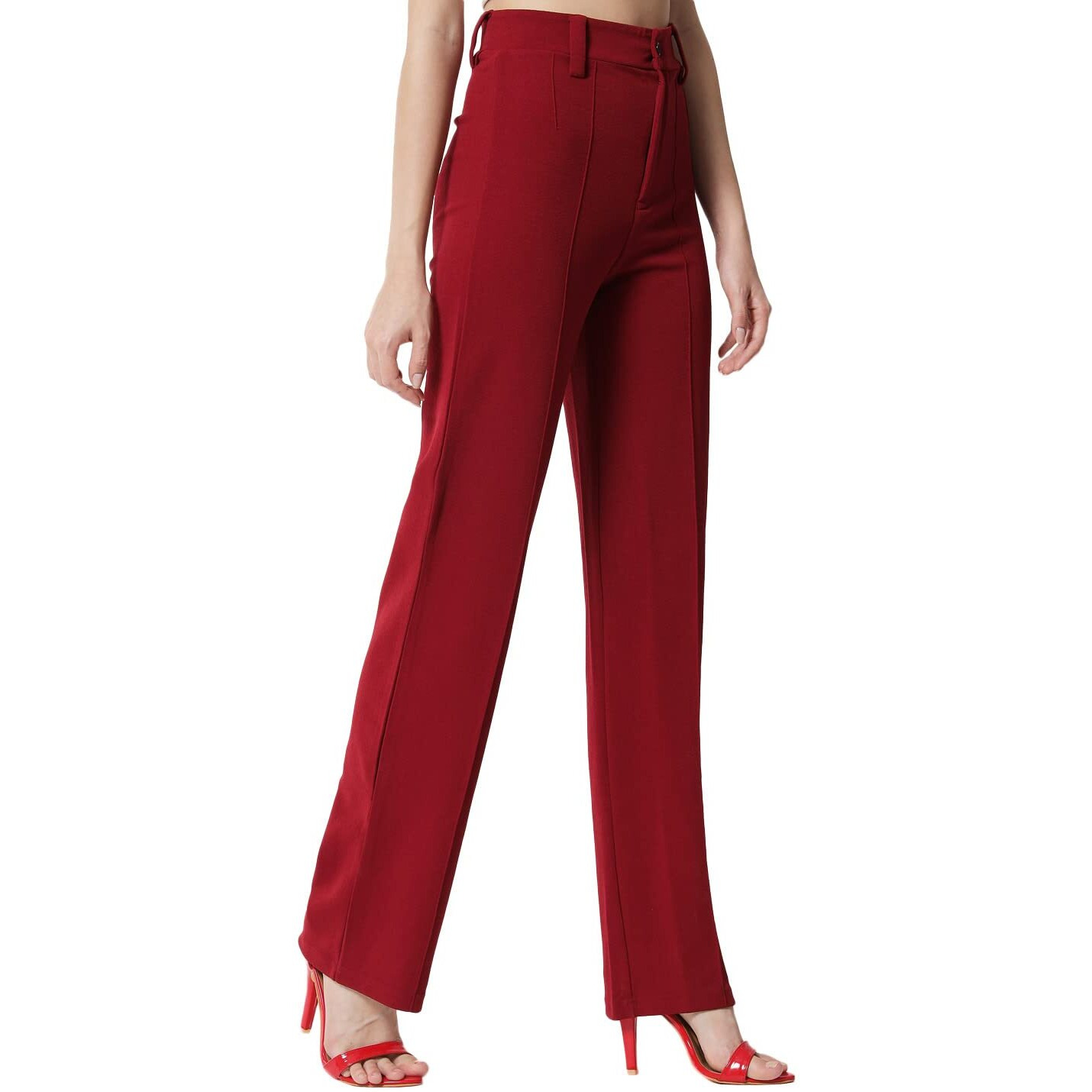 KOTTY Womens Solid Polyester Blend Cherry Maroon Trousers (Cherry Maroon,30)