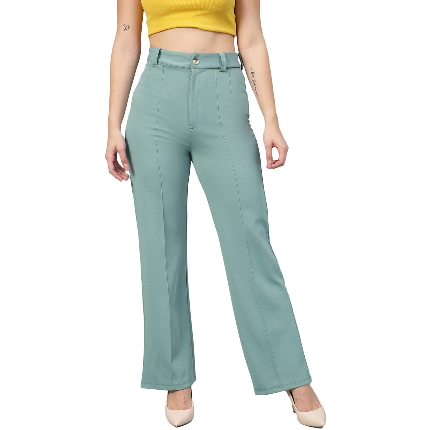 KOTTY Women Polyester Blend Green Solid Trousers(Light Moss Green,34)