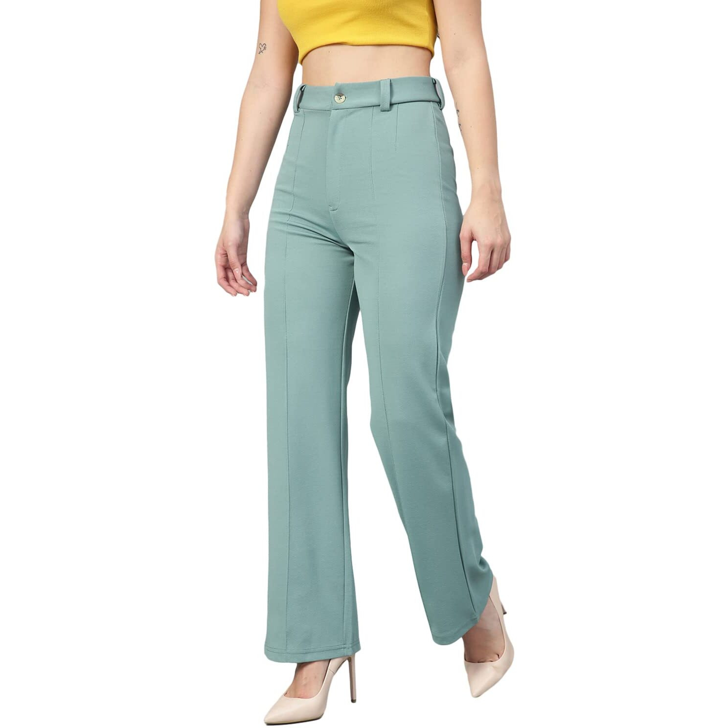 KOTTY Women Polyester Blend Green Solid Trousers(Light Moss Green,34)