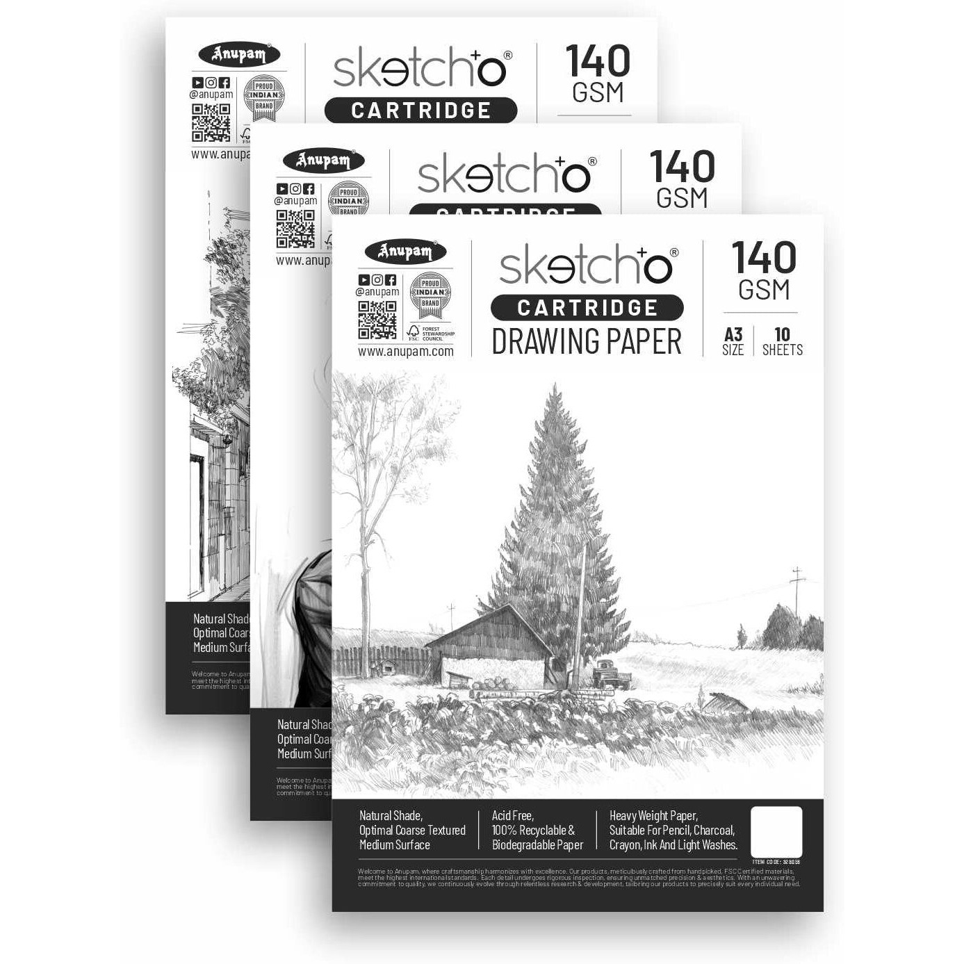 Anupam SketchO Sketching & Drawing Paper A3 | 10 Sheet 20 Pages | 140 GSM Sheet for Pencil, Charcoal, Graphite, redchalk Pastel, Chalk, Oil Pastel & Wax Crayon for Artist's & Amateurs (Set of 3)