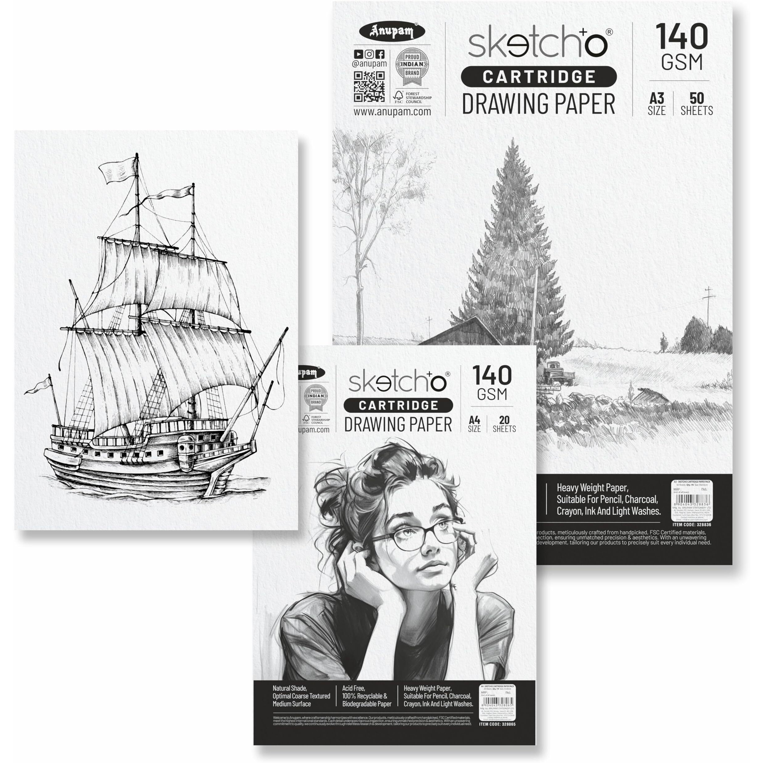 Anupam SketchO Sketching & Drawing Paper A3 | 10 Sheet 20 Pages | 140 GSM Sheet for Pencil, Charcoal, Graphite, redchalk Pastel, Chalk, Oil Pastel & Wax Crayon for Artist's & Amateurs (Set of 3)