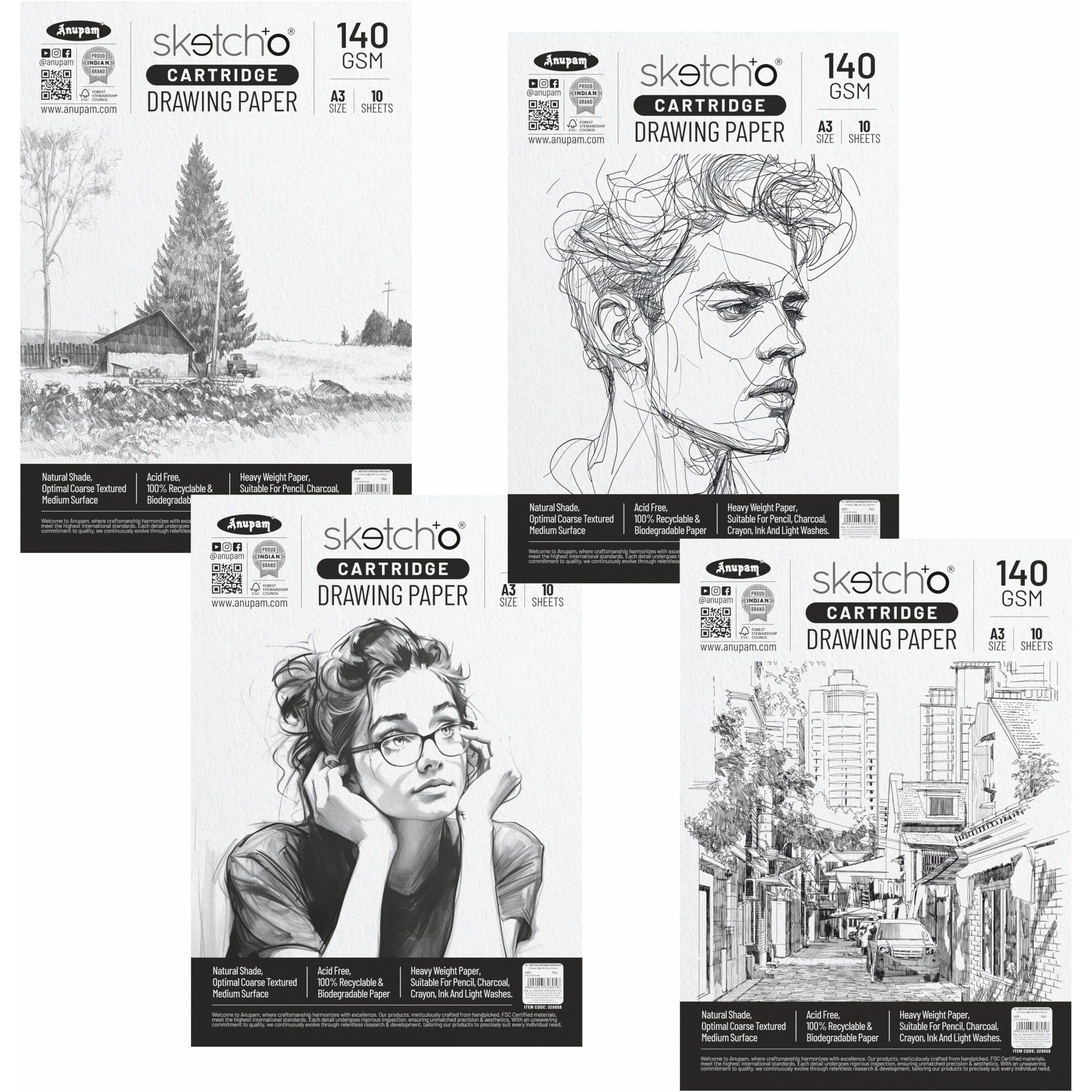 Anupam SketchO Sketching & Drawing Paper A3 | 10 Sheet 20 Pages | 140 GSM Sheet for Pencil, Charcoal, Graphite, redchalk Pastel, Chalk, Oil Pastel & Wax Crayon for Artist's & Amateurs (Set of 3)