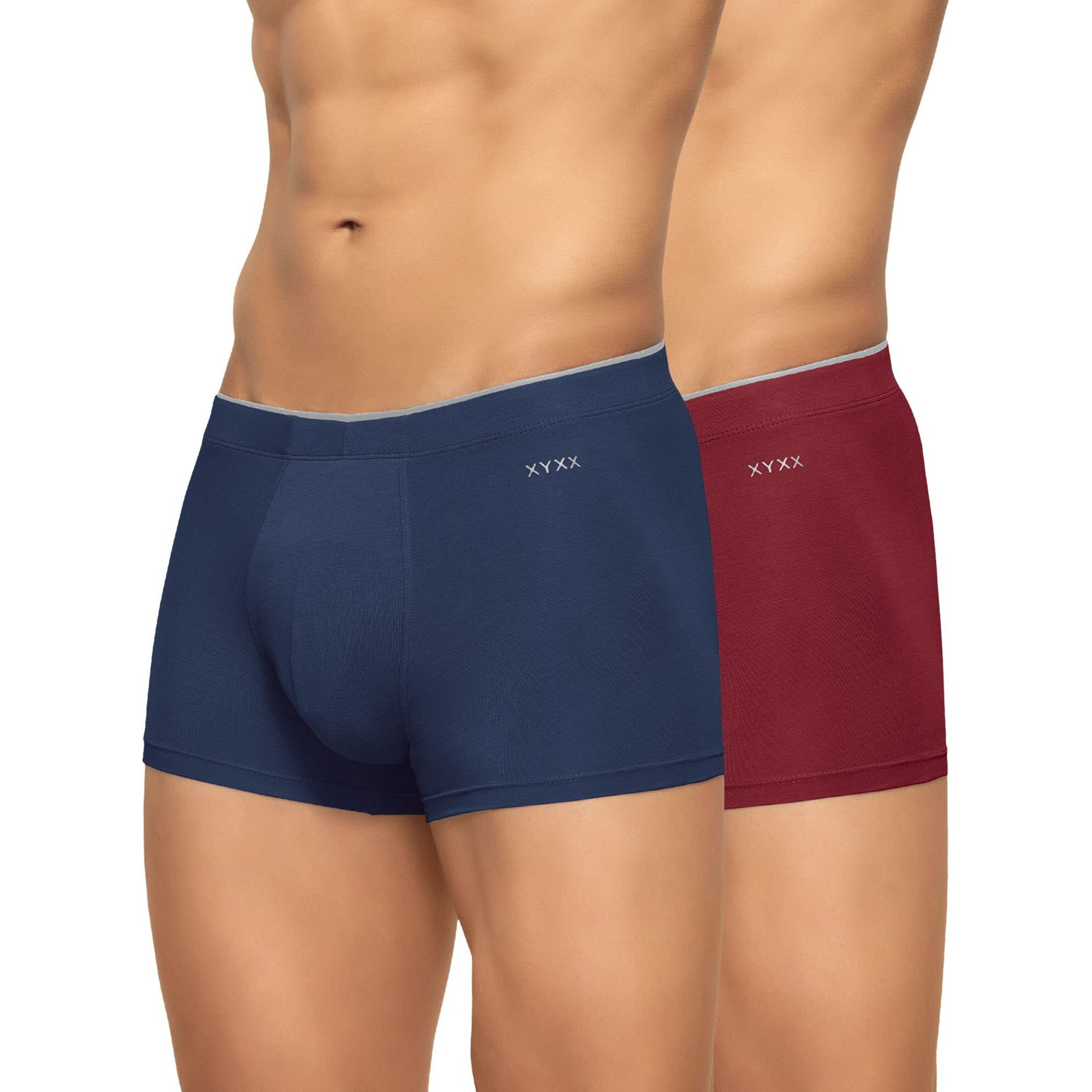 XYXX Men's Modal Classic Stretch Solid Trunks (Pack of 2) (XYTRNK_R1_2_Maroon+Dress Blue_S)