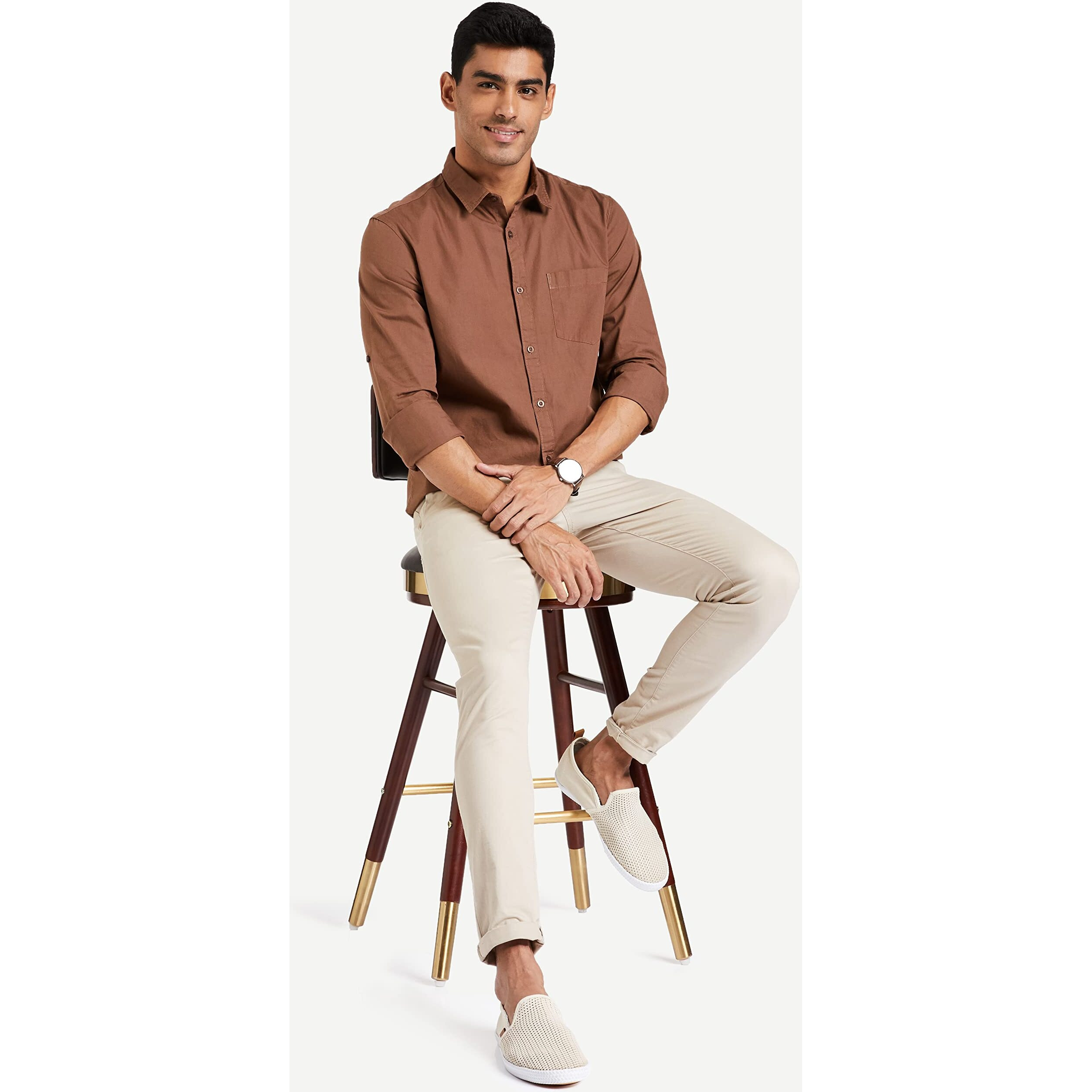 Amazon Brand - Symbol Men's Cotton Shirt | Casual | Plain | Full Sleeve | Summer - Regular Fit (Available in Plus Size) (Brown_3XL)