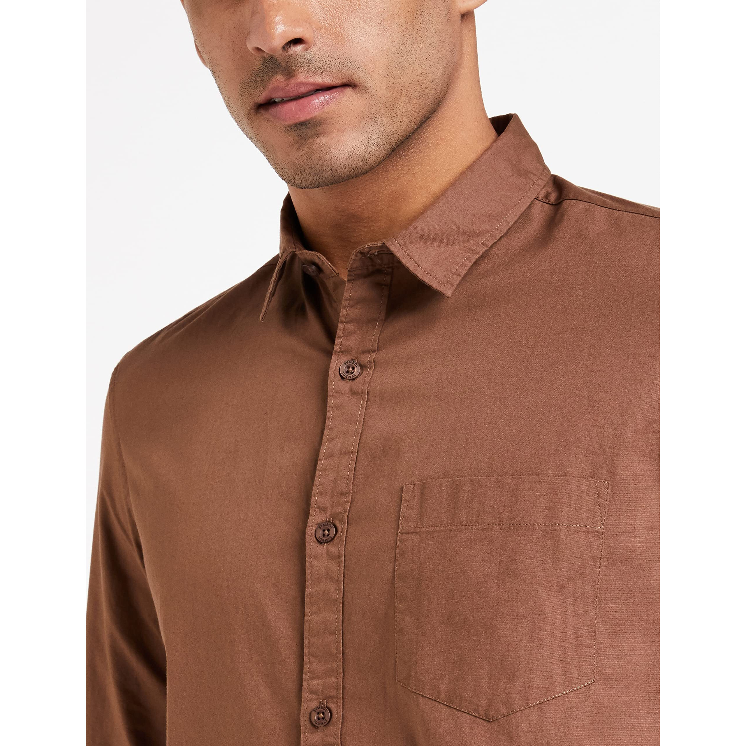 Amazon Brand - Symbol Men's Cotton Shirt | Casual | Plain | Full Sleeve | Summer - Regular Fit (Available in Plus Size) (Brown_3XL)