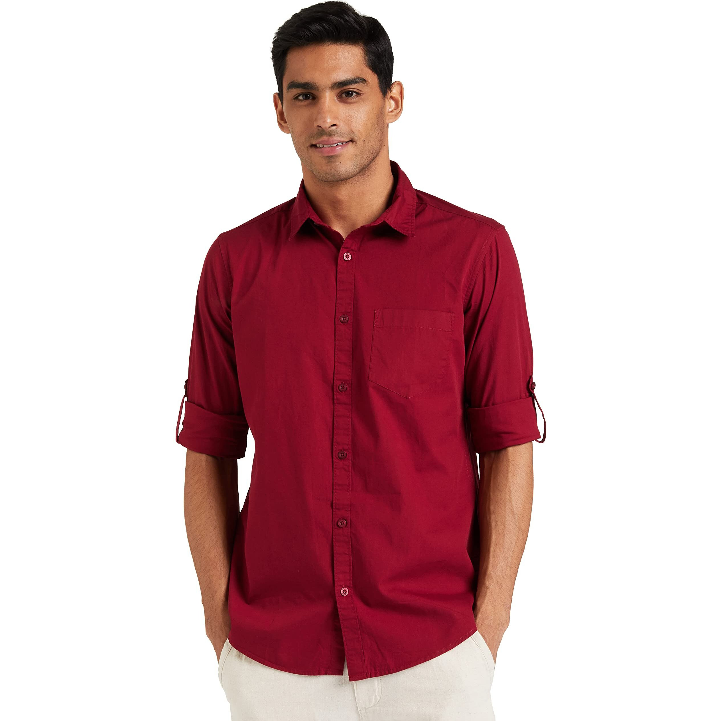 Amazon Brand - Symbol Men's Cotton Shirt | Casual | Plain | Full Sleeve | Summer - Regular Fit (Available in Plus Size) (Maroon_4XL)