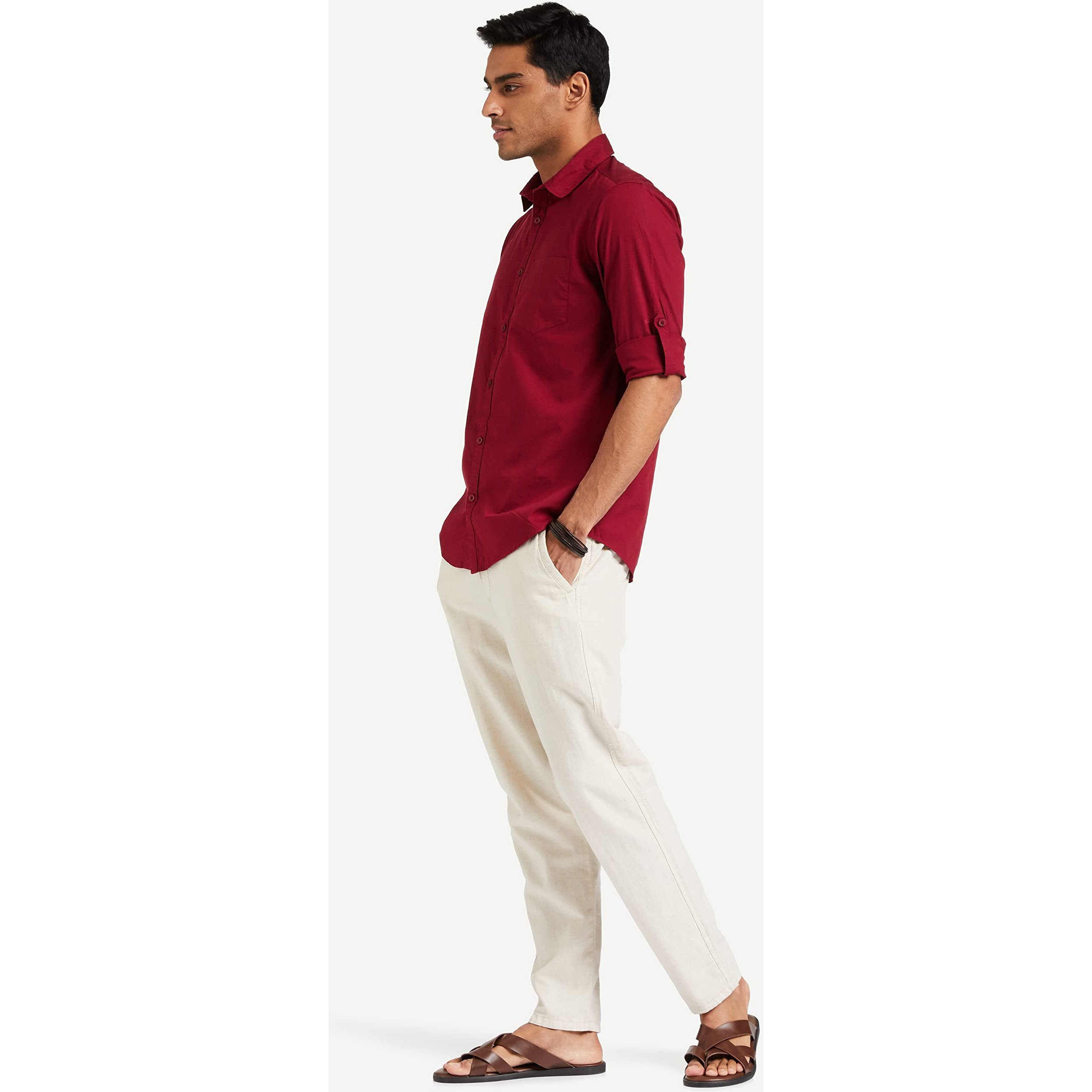 Amazon Brand - Symbol Men's Cotton Shirt | Casual | Plain | Full Sleeve | Summer - Regular Fit (Available in Plus Size) (Maroon_4XL)