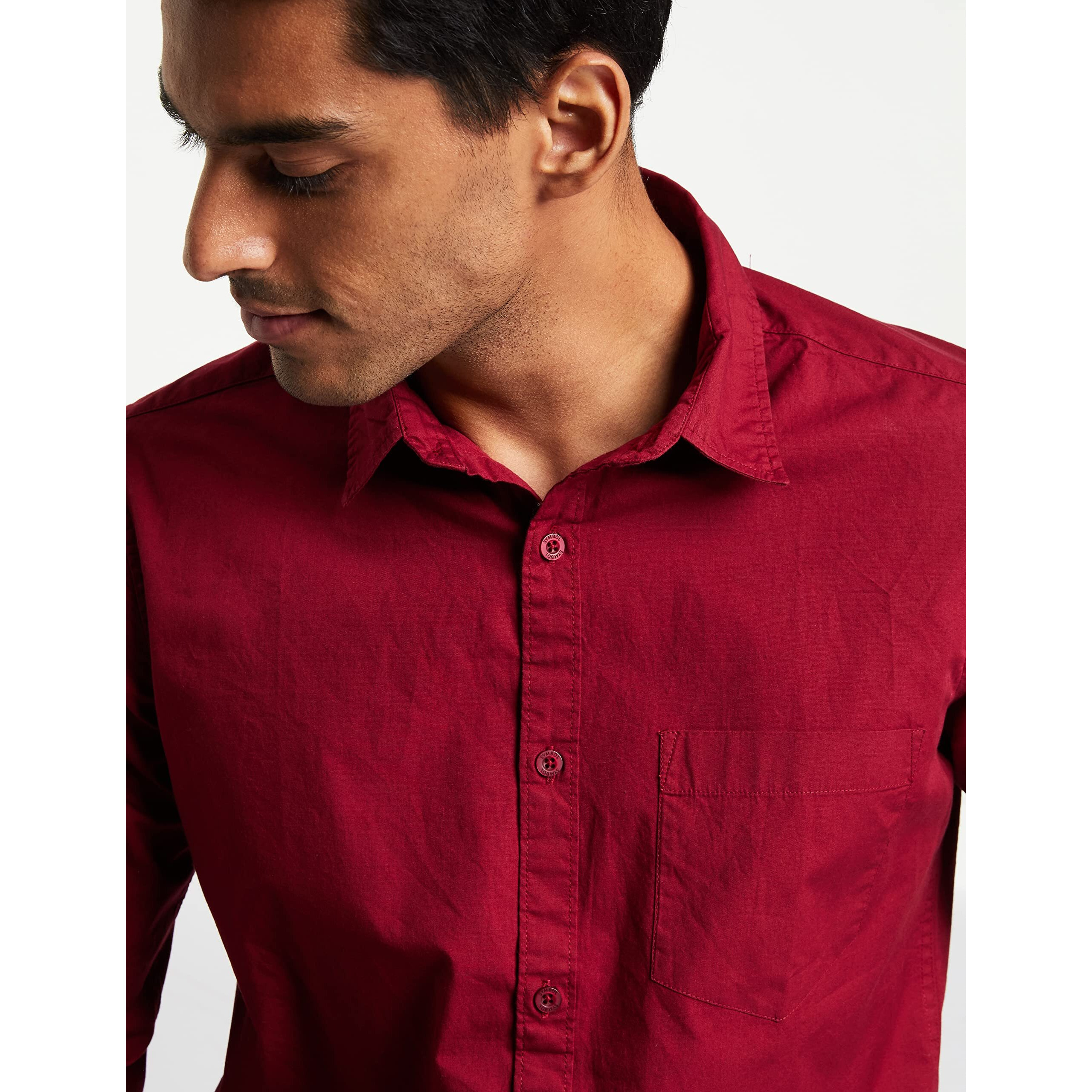 Amazon Brand - Symbol Men's Cotton Shirt | Casual | Plain | Full Sleeve | Summer - Regular Fit (Available in Plus Size) (Maroon_4XL)