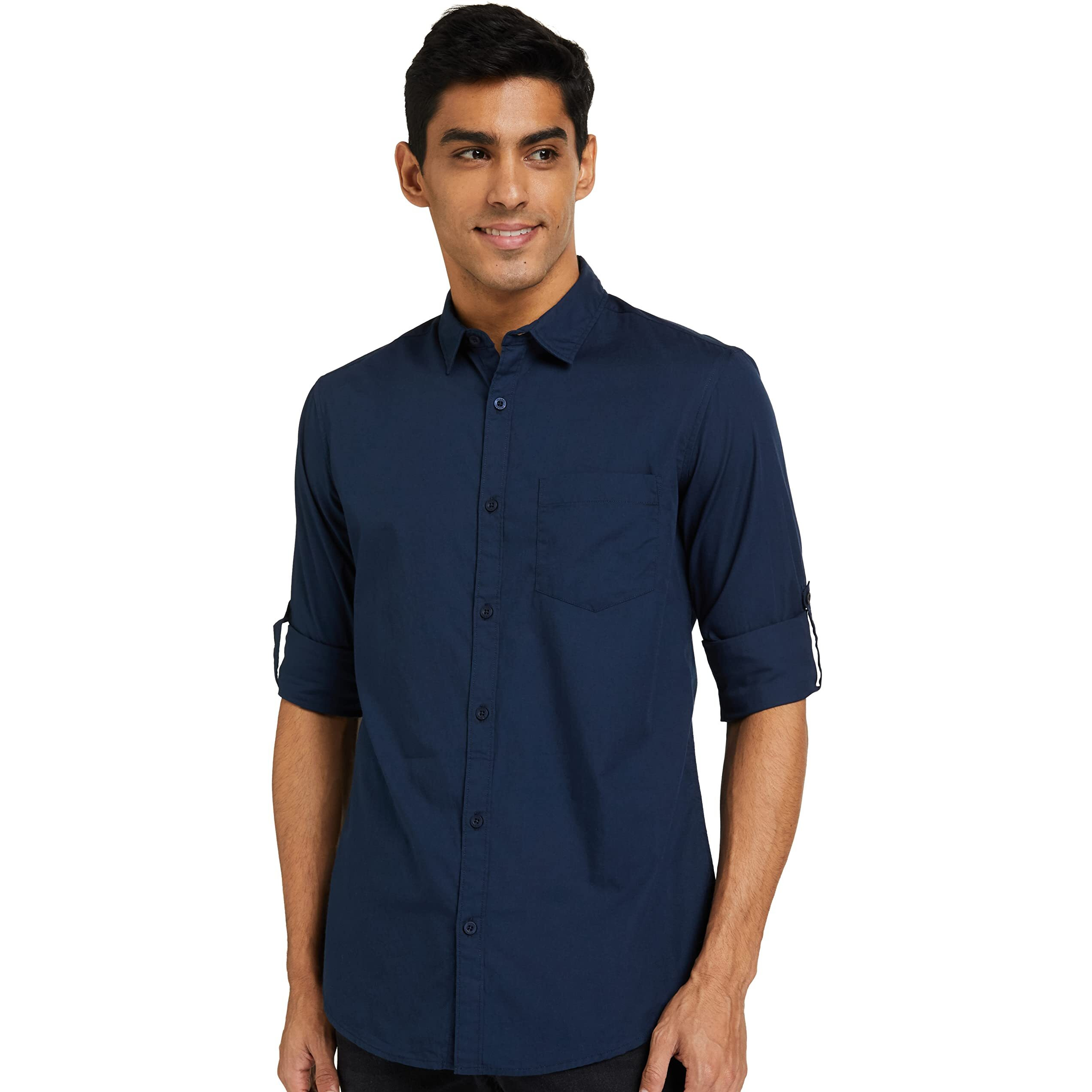 Amazon Brand - Symbol Men's Cotton Shirt | Casual | Plain | Full Sleeve | Summer - Regular Fit (Available in Plus Size) (Navy_3XL)