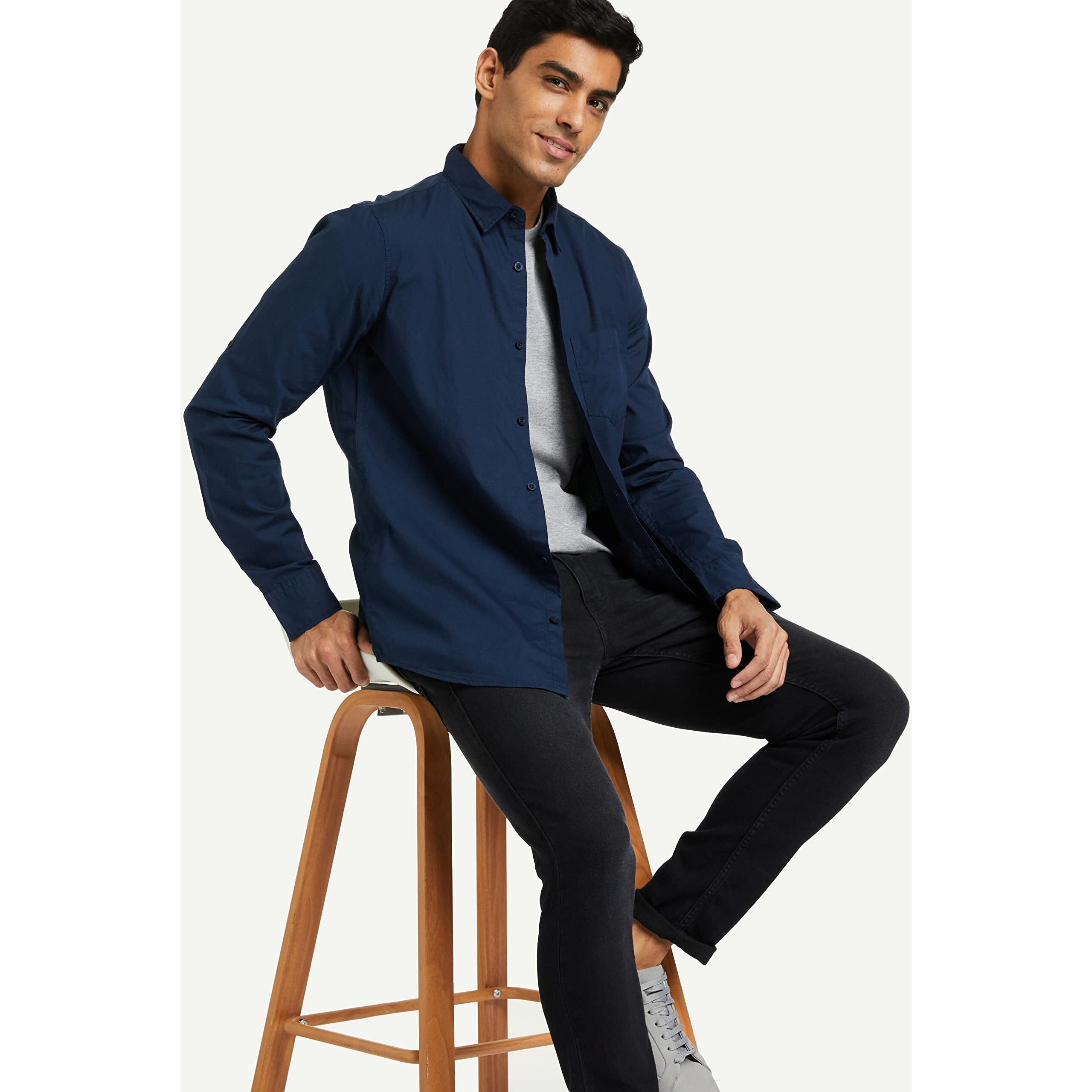 Amazon Brand - Symbol Men's Cotton Shirt | Casual | Plain | Full Sleeve | Summer - Regular Fit (Available in Plus Size) (Navy_3XL)