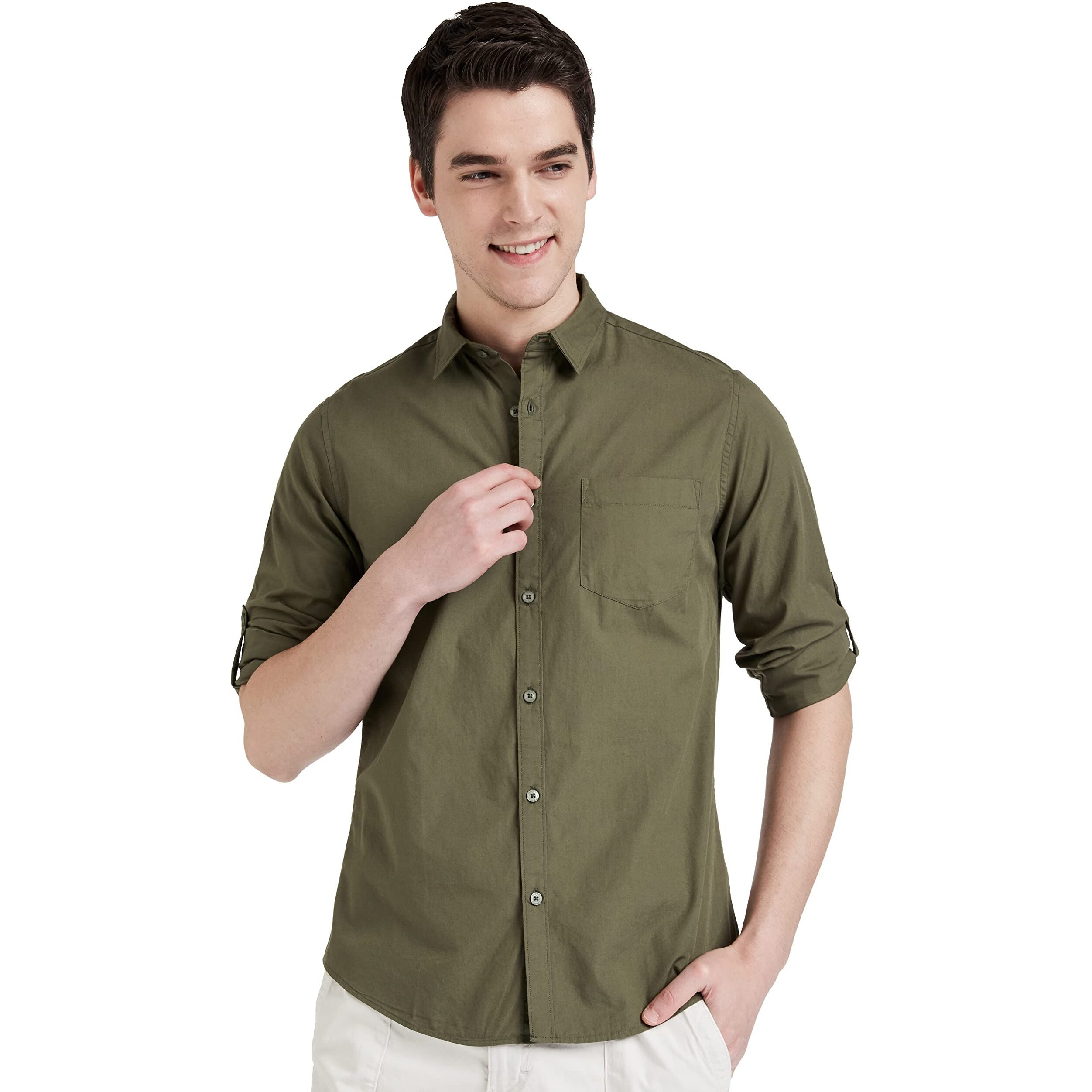 Amazon Brand - Symbol Men's Cotton Shirt | Casual | Plain | Full Sleeve | Summer - Regular Fit (Available in Plus Size) (Olive_3XL)