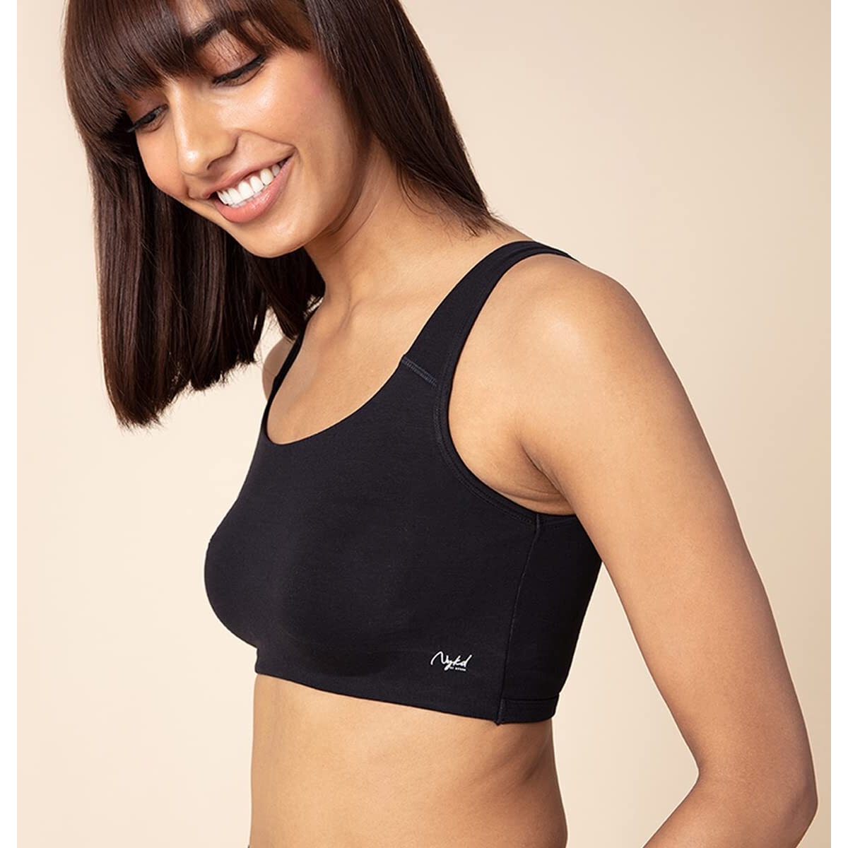 NYKD Women's Cotton Non Padded Wire Free Everyday Bra Bra, NYB113PO2, Black/Skin, L, 2N
