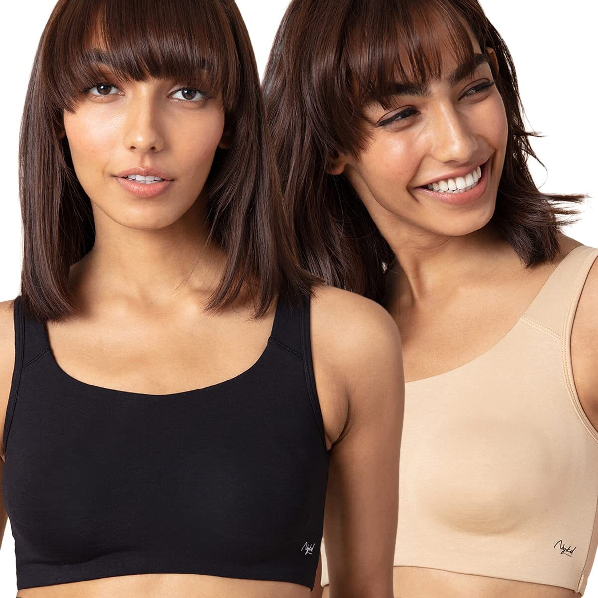 NYKD Women's Cotton Non Padded Wire Free Everyday Bra Bra, NYB113PO2, Black/Skin, XS, 2N