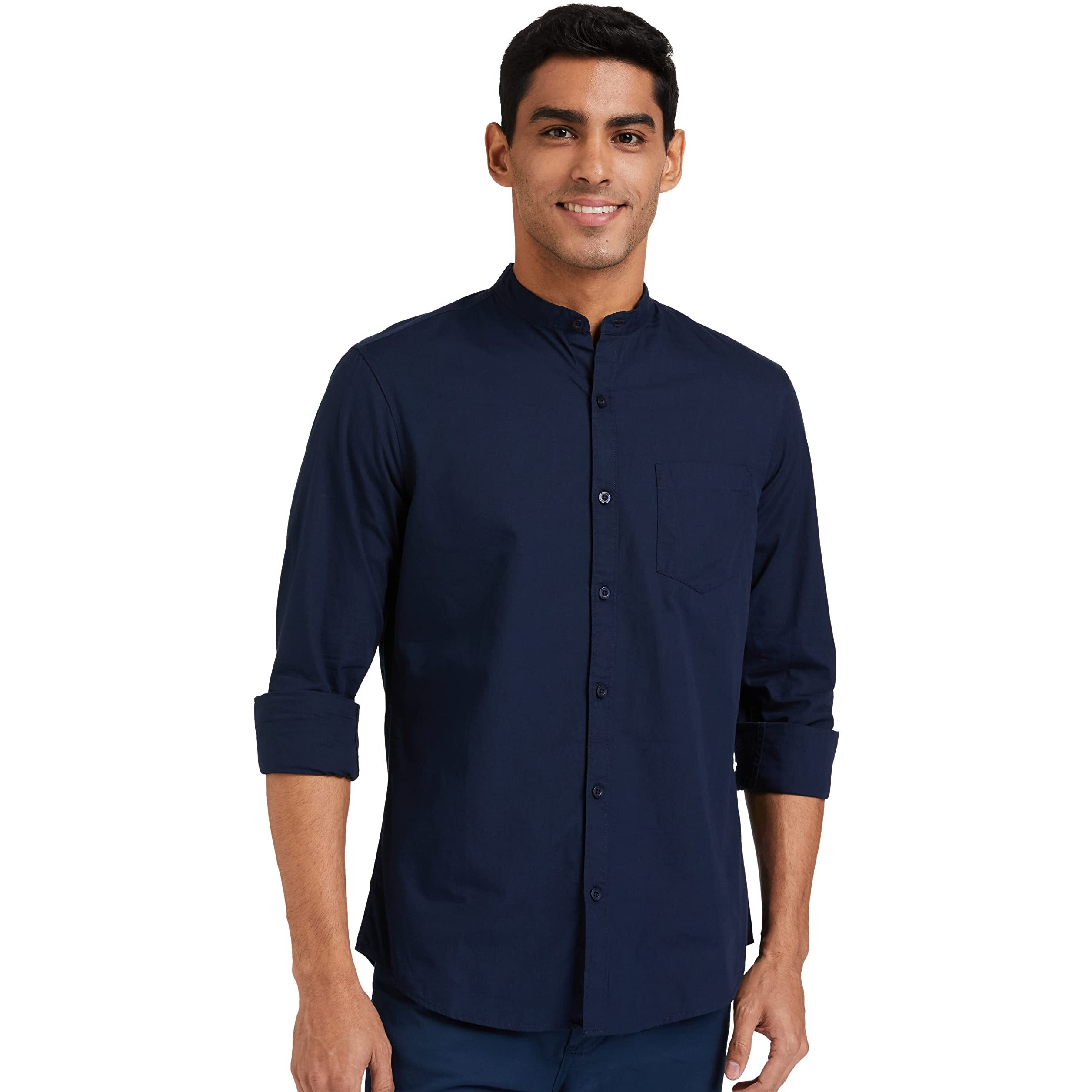 Amazon Brand - Symbol Men's Cotton Shirt | Chinese Collar | Casual | Plain | Full Sleeve | Summer - Regular Fit (Available in Plus Size) (Navy_3XL)