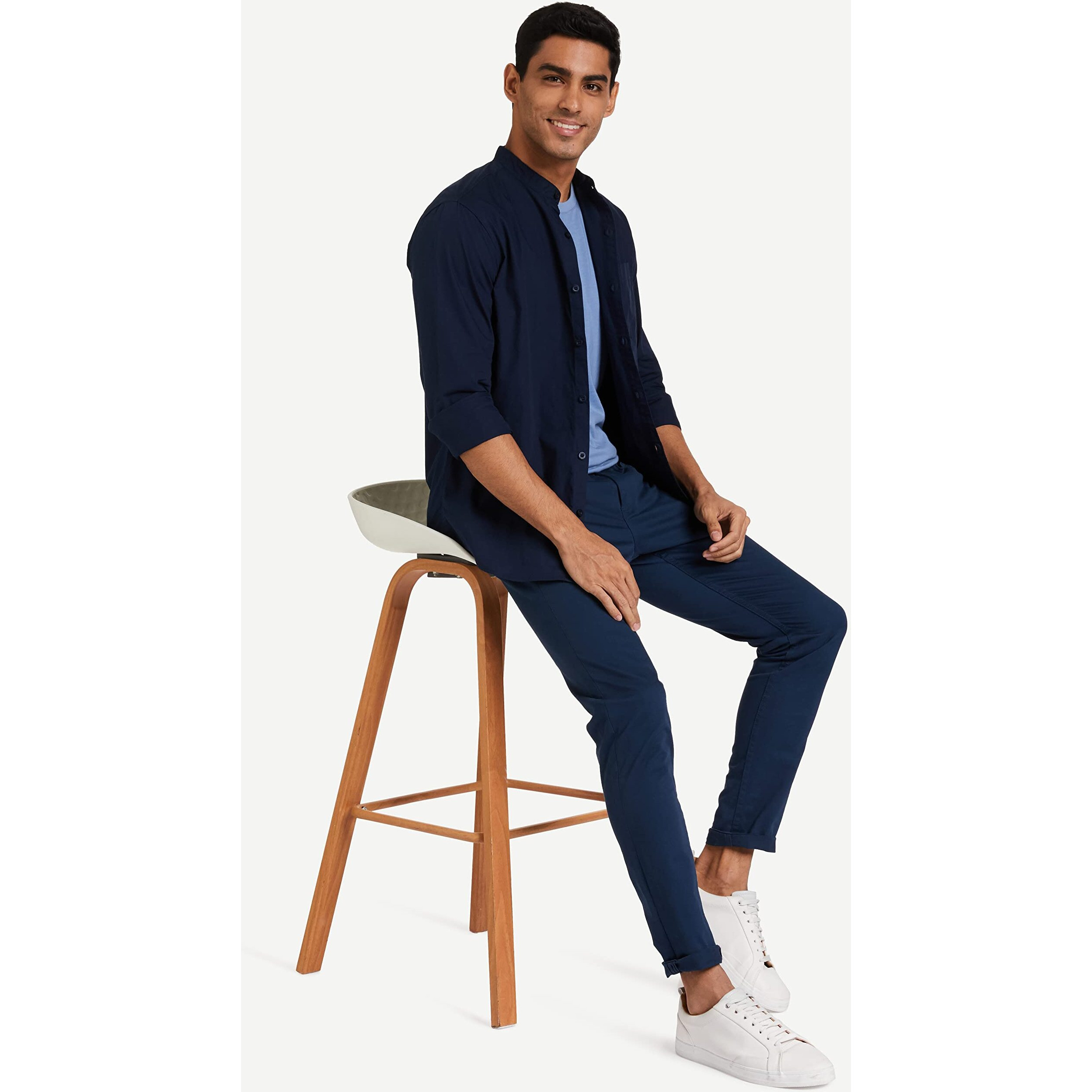 Amazon Brand - Symbol Men's Cotton Shirt | Chinese Collar | Casual | Plain | Full Sleeve | Summer - Regular Fit (Available in Plus Size) (Navy_3XL)