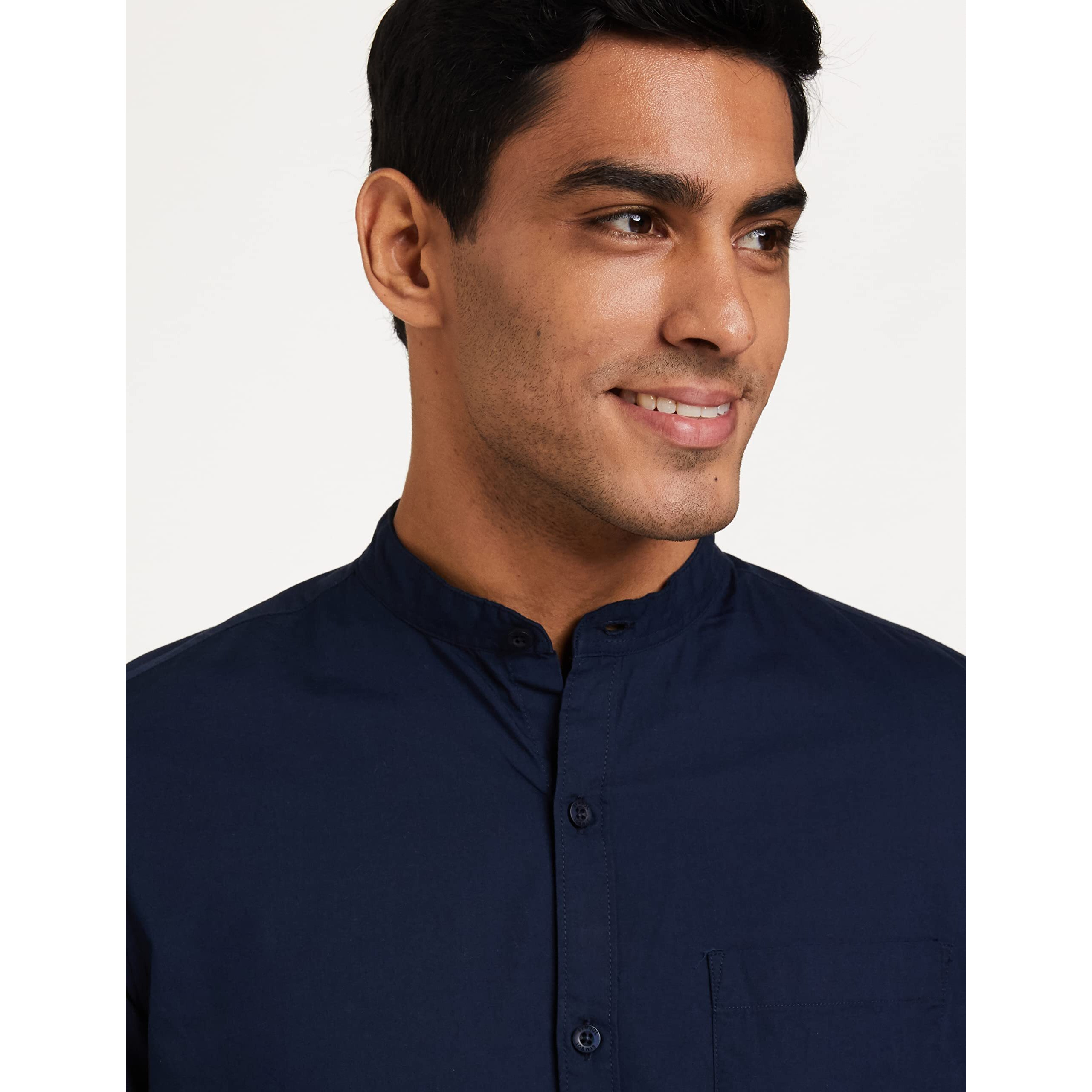Amazon Brand - Symbol Men's Cotton Shirt | Chinese Collar | Casual | Plain | Full Sleeve | Summer - Regular Fit (Available in Plus Size) (Navy_3XL)