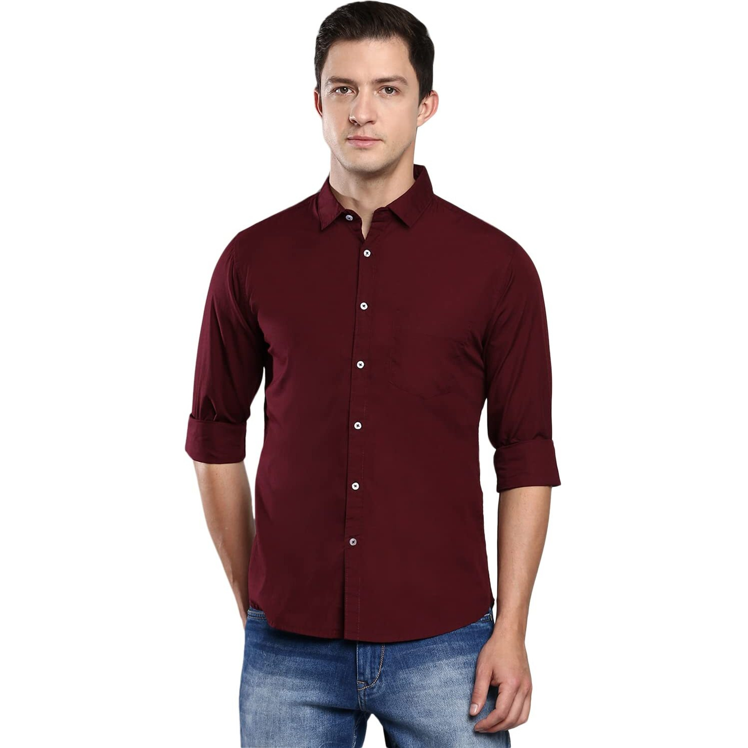 Dennis Lingo Men's Solid Burgundy Casual Shirt (AZ301_Burgundy_M)