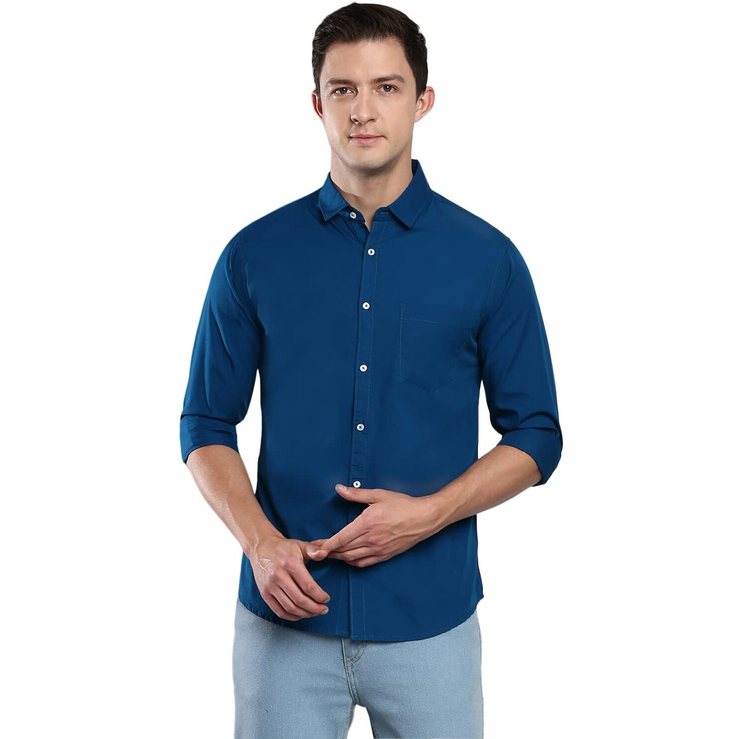 Dennis Lingo Men's Solid Blue Slim Fit Casual Shirt (AZ301_P-BLUE_XL)