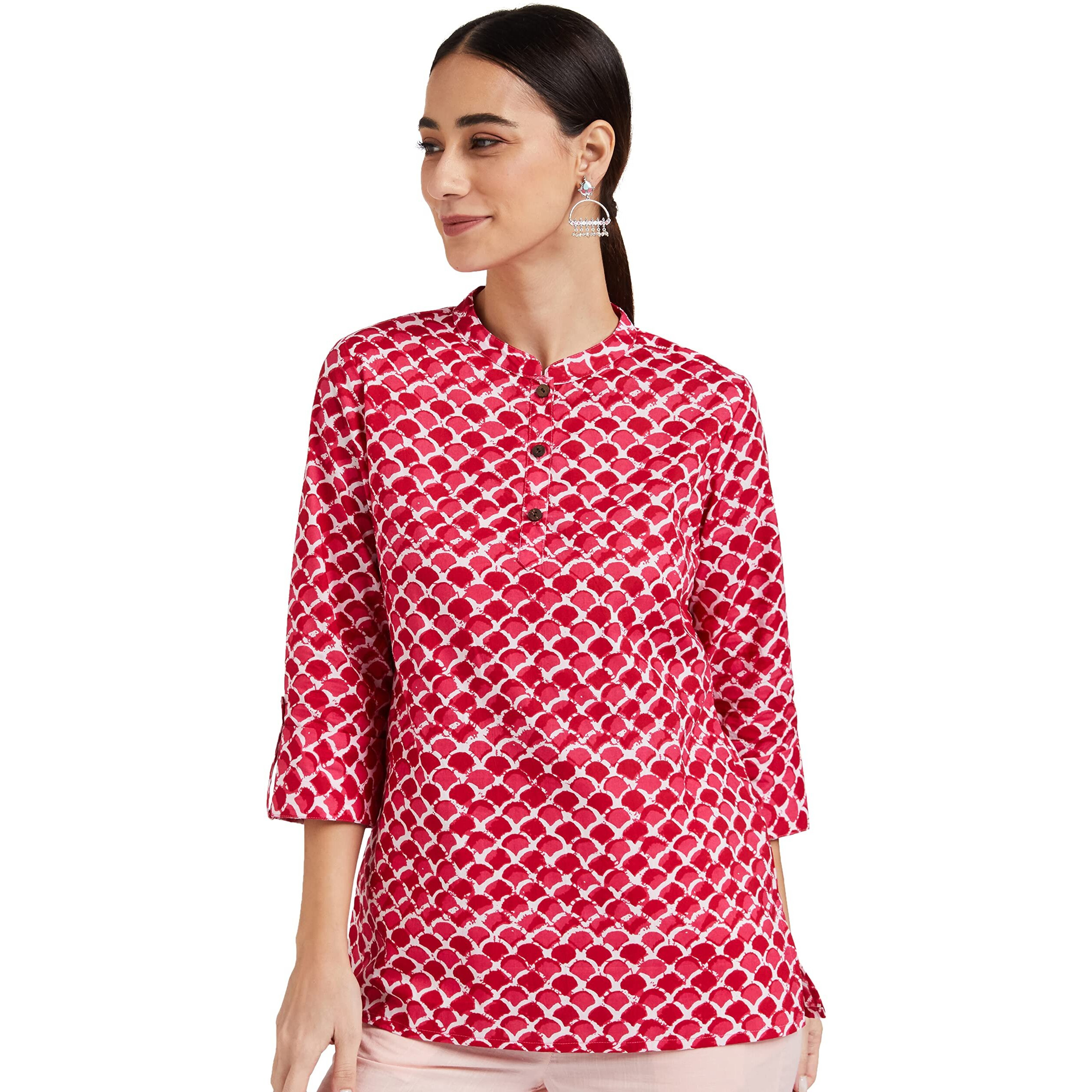 Amazon Brand - Myx Women's Cotton Printed Regular Short Kurti (NIT001CORE7B_Pink/White_4XL)