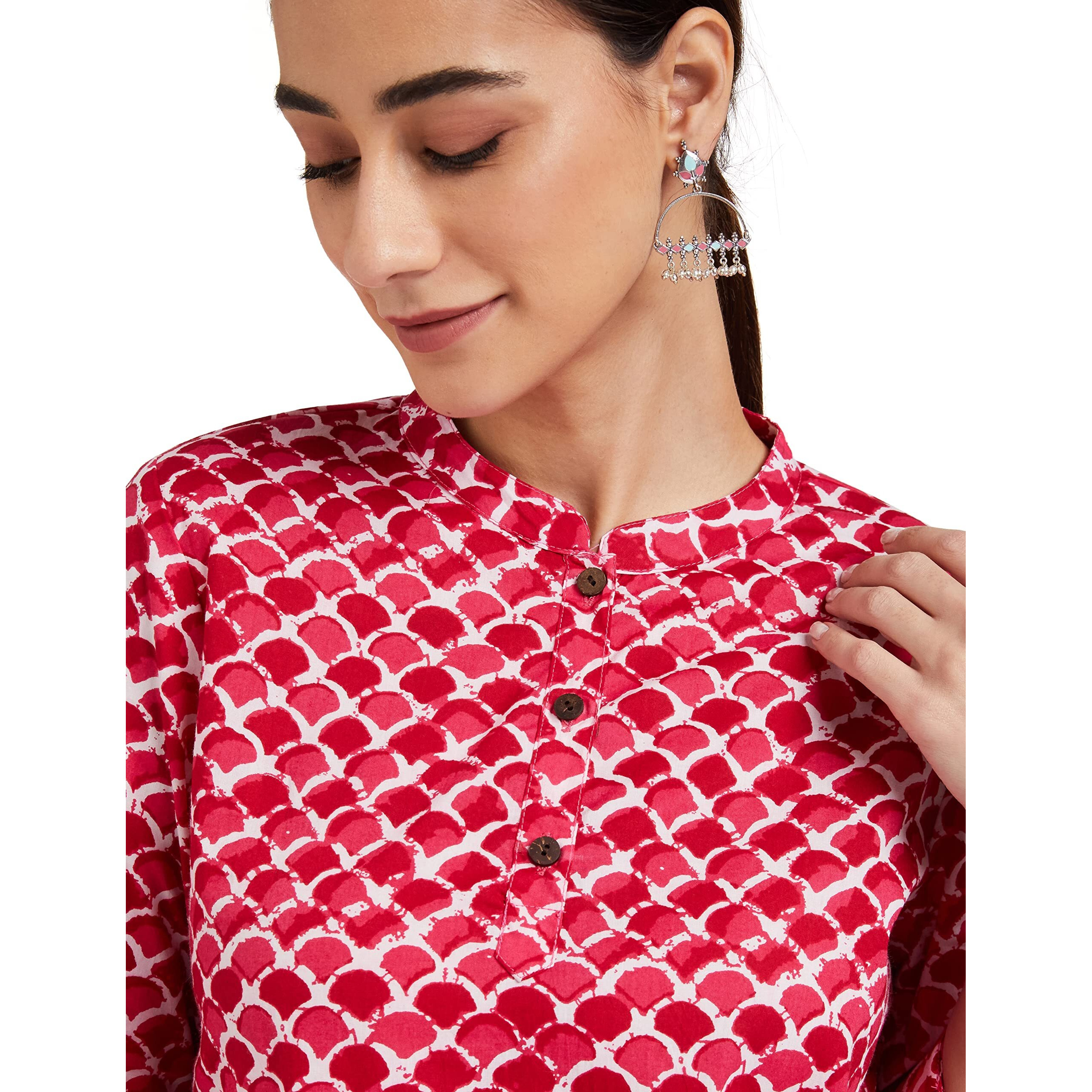 Amazon Brand - Myx Women's Cotton Printed Regular Short Kurti (NIT001CORE7B_Pink/White_4XL)
