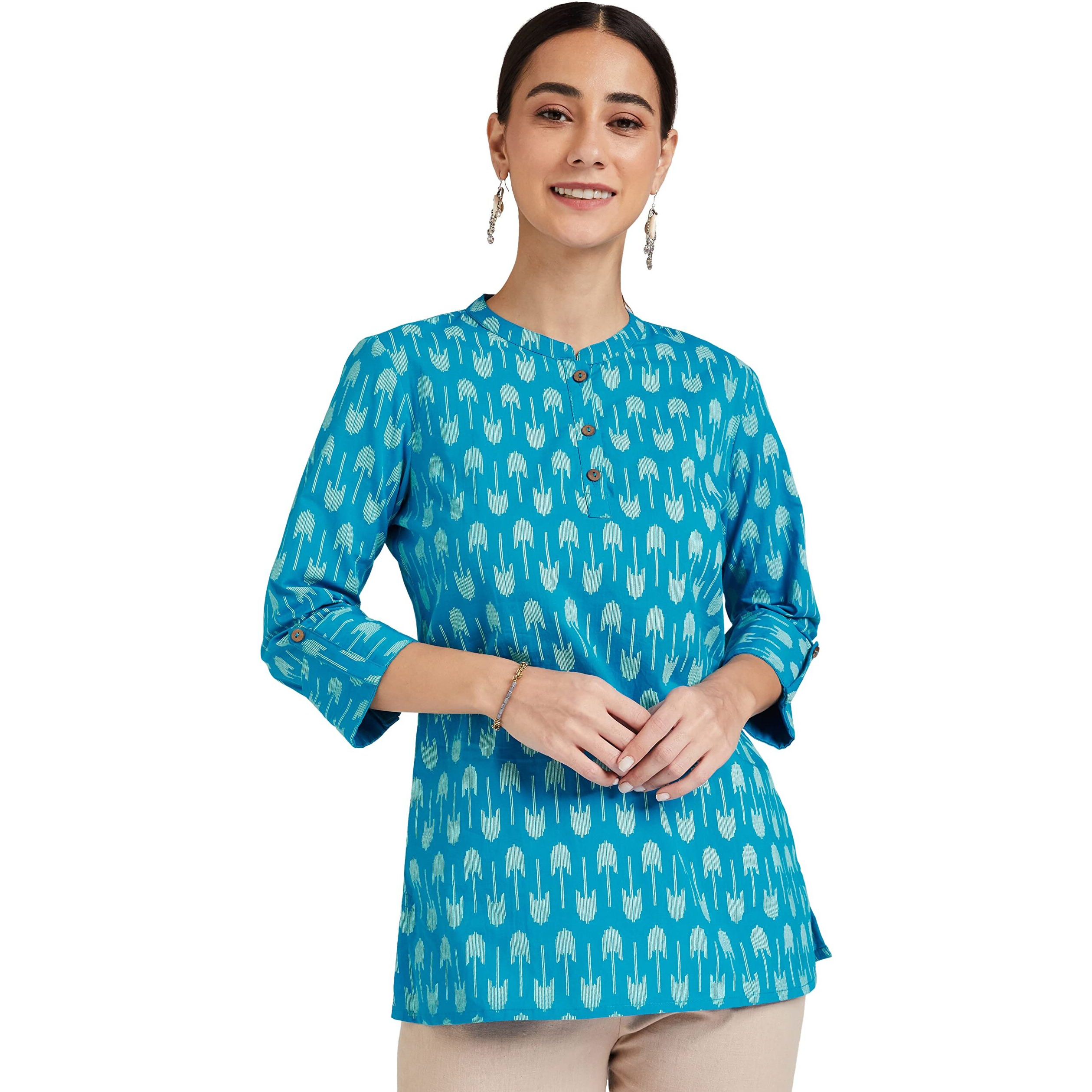Amazon Brand - Myx Women's Cotton Printed Regular Short Kurti (SS20MYXCORE22_Light Teal_L)