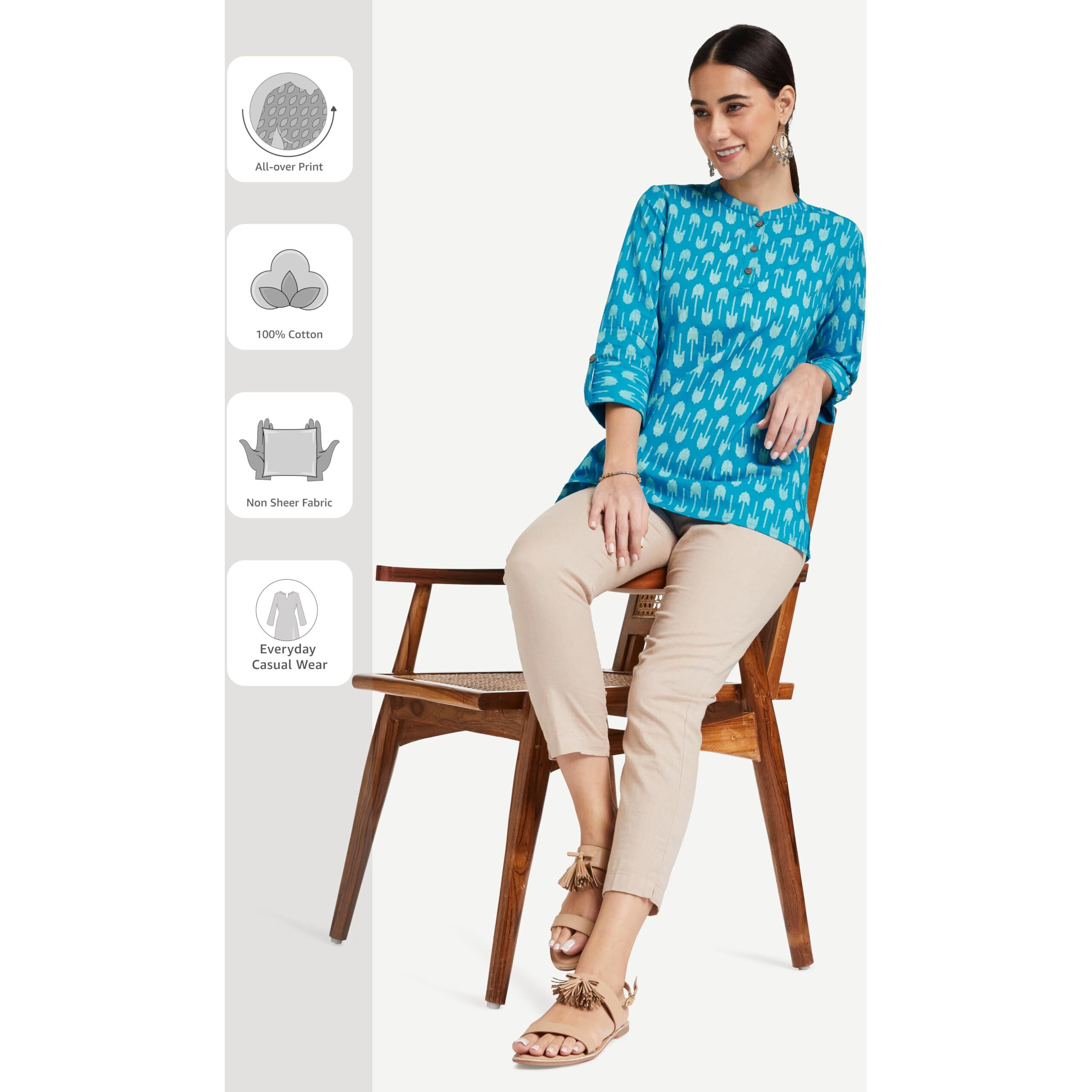 Amazon Brand - Myx Women's Cotton Printed Regular Short Kurti (SS20MYXCORE22_Light Teal_L)