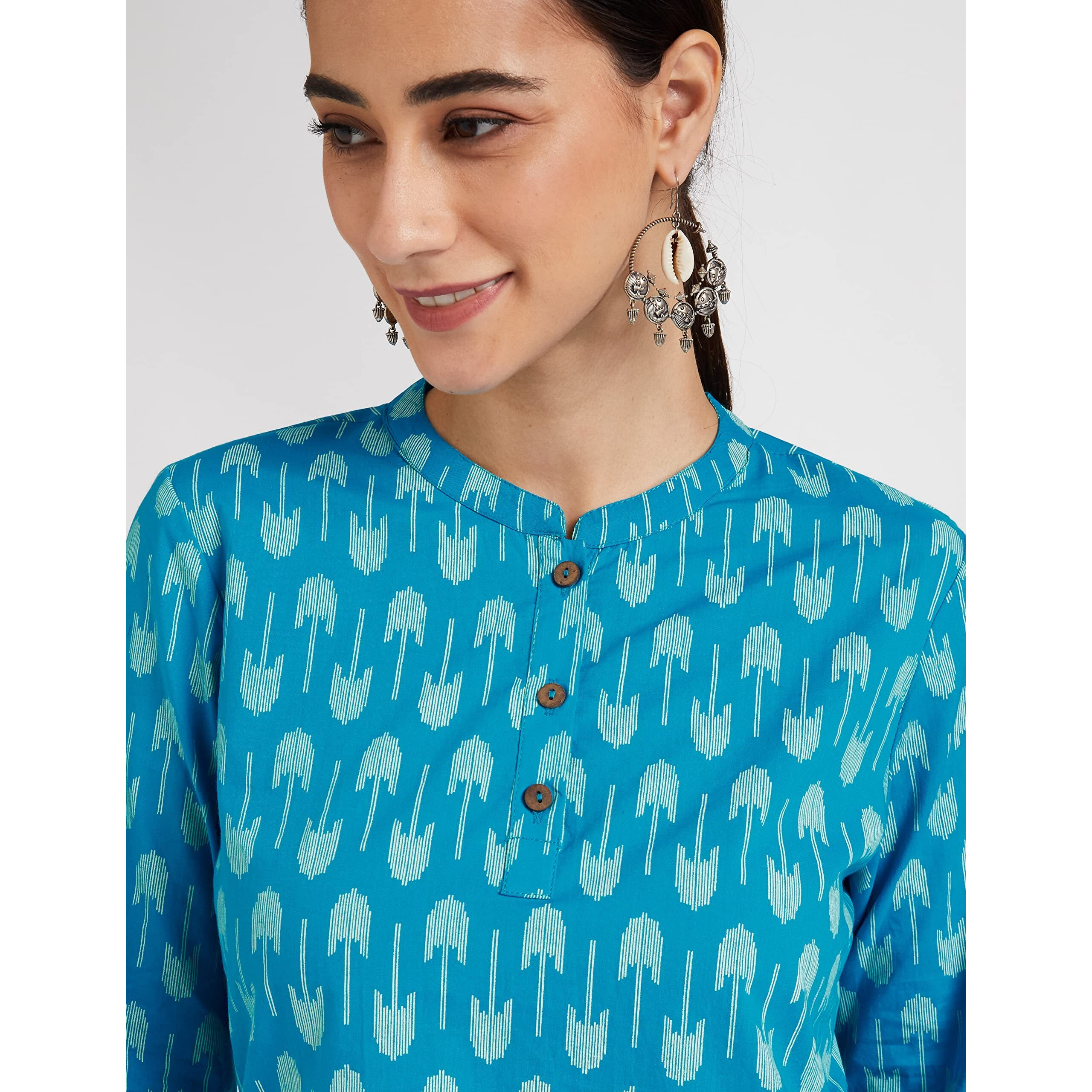 Amazon Brand - Myx Women's Cotton Printed Regular Short Kurti (SS20MYXCORE22_Light Teal_L)