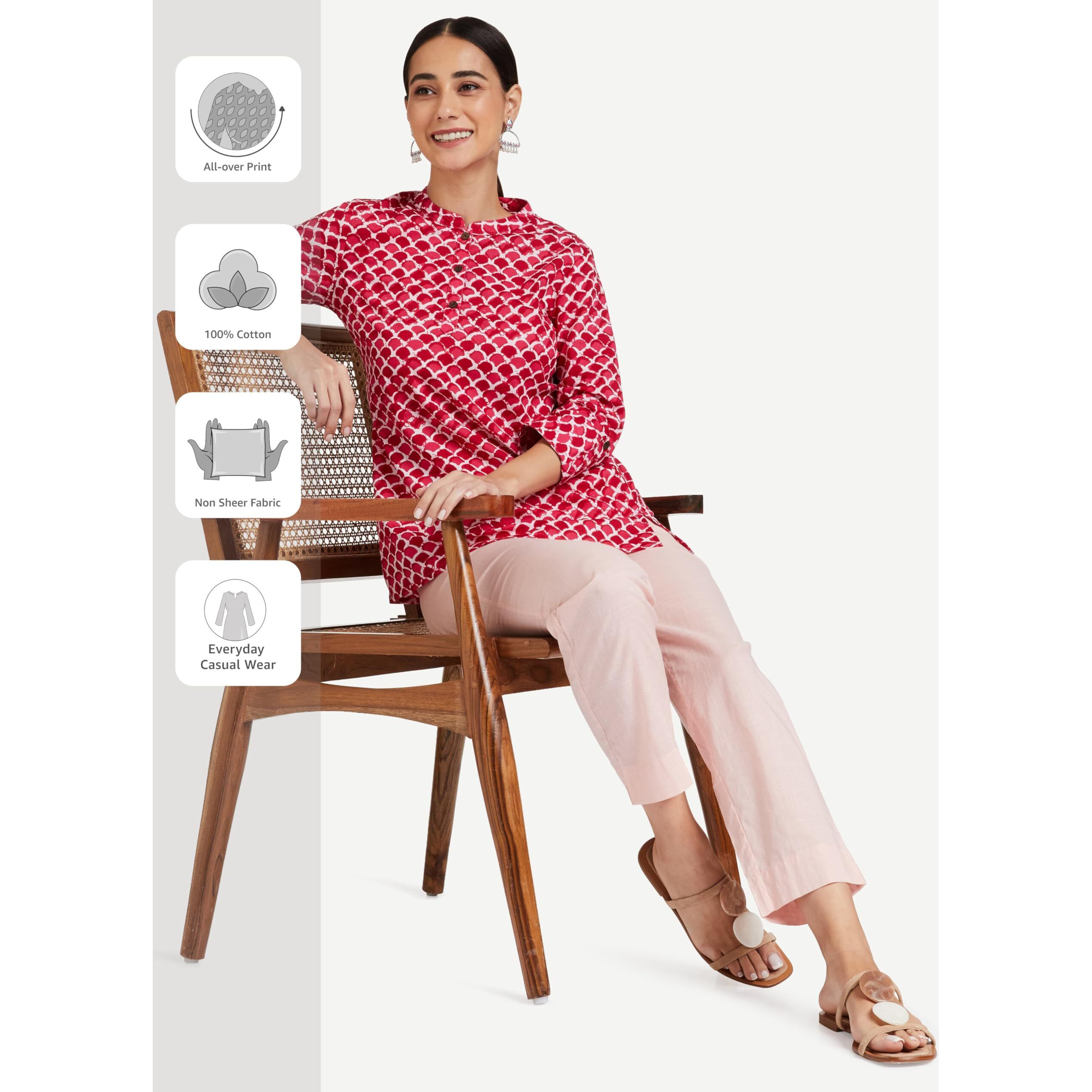 Amazon Brand - Myx Women's Cotton Regular Short Kurti (NIT001CORE7B_Pink/White_L)