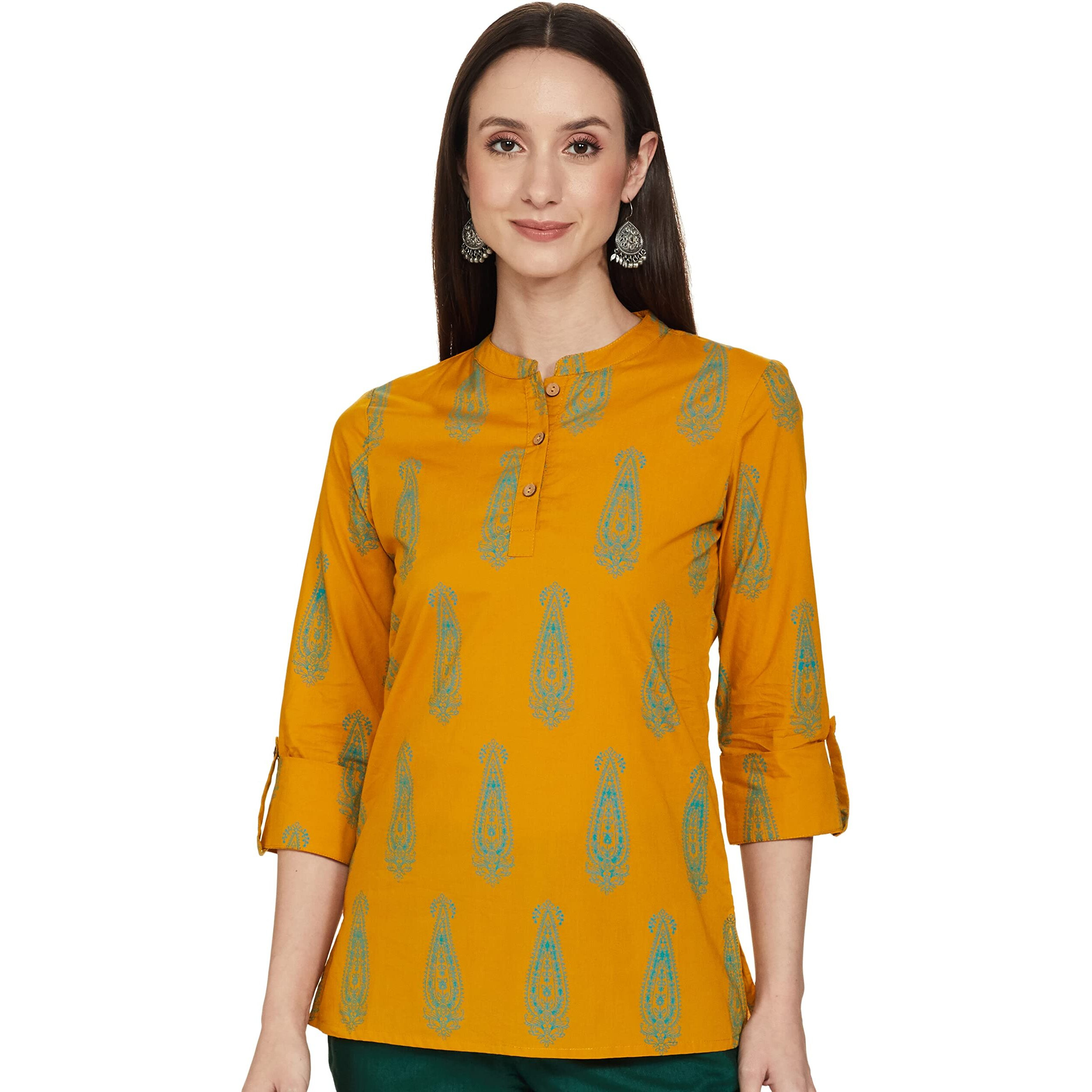 Amazon Brand - Myx Women's Cotton Straight Kurti (SS19MYXTP019C2_Mustard_x-Small)