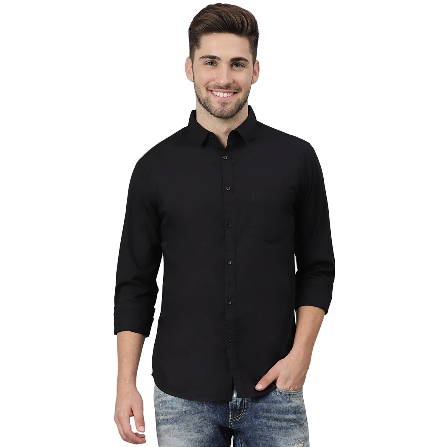 Dennis Lingo Men's Solid Slim Fit Casual Shirt (C301_Black_4XL)