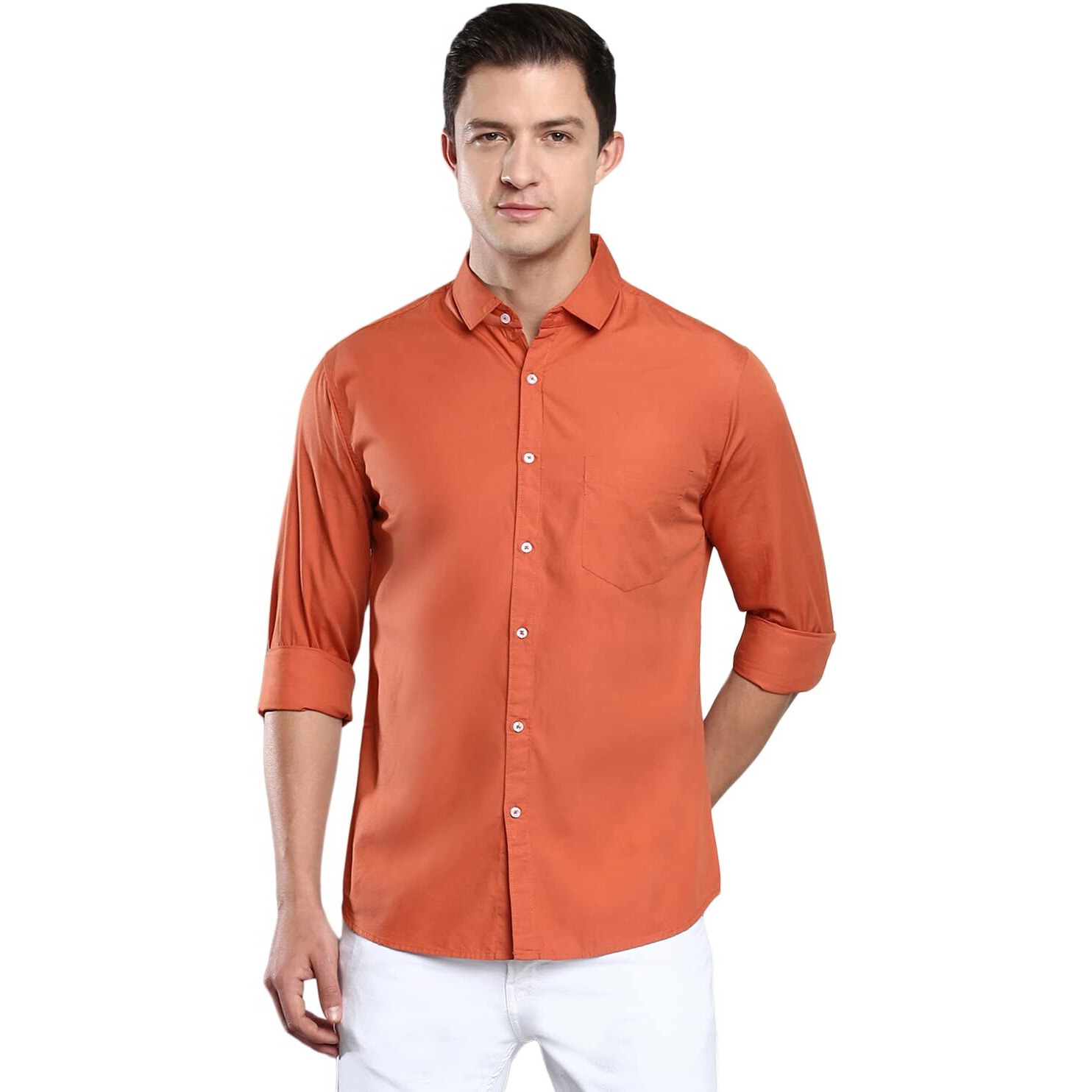 Dennis Lingo Men's Solid Dusty Orange Casual Shirt (AZ301_Dusty Orange_S)
