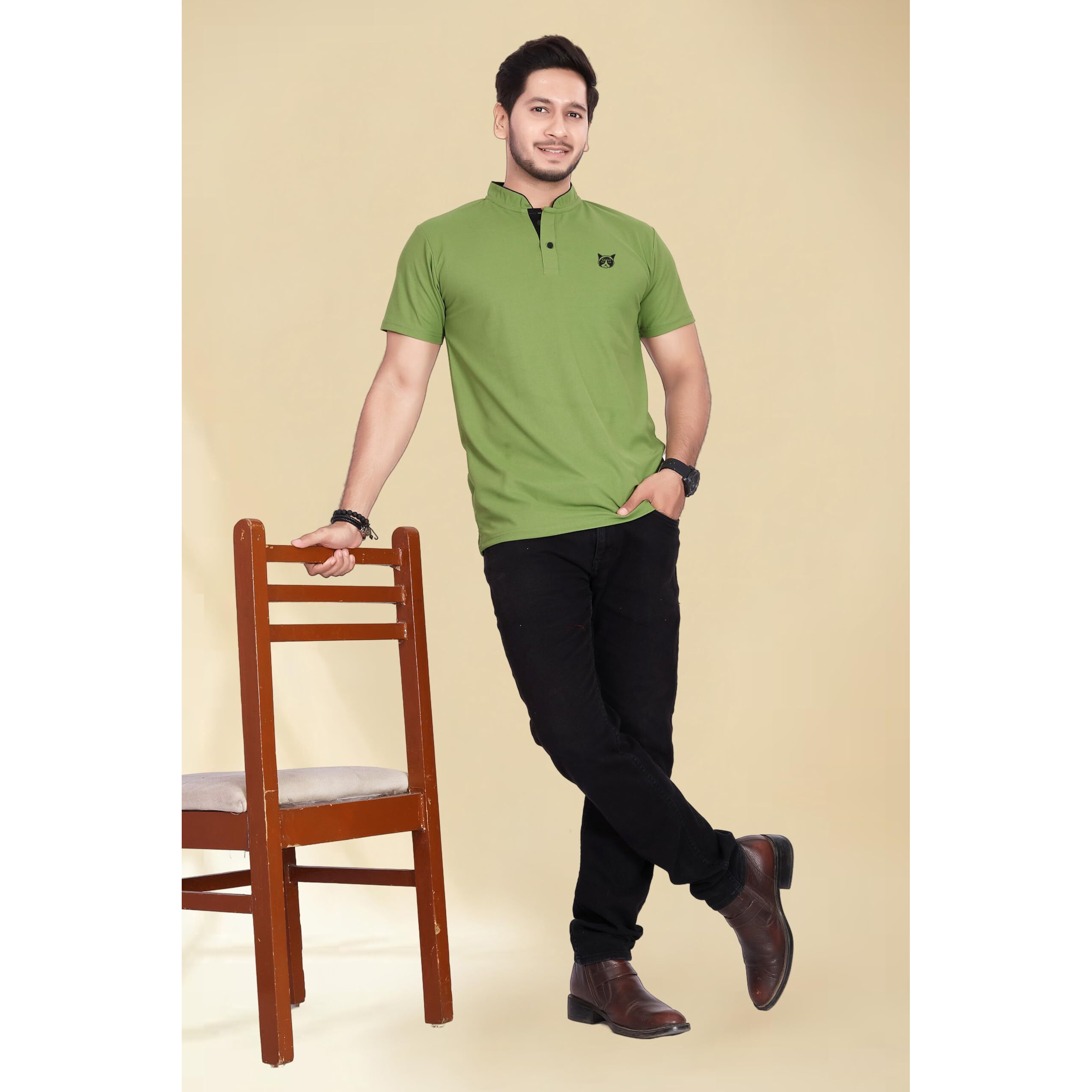 BAGHADBILLO Regular Fit Mandarin Collar T-Shirt Tee for Men & Boys