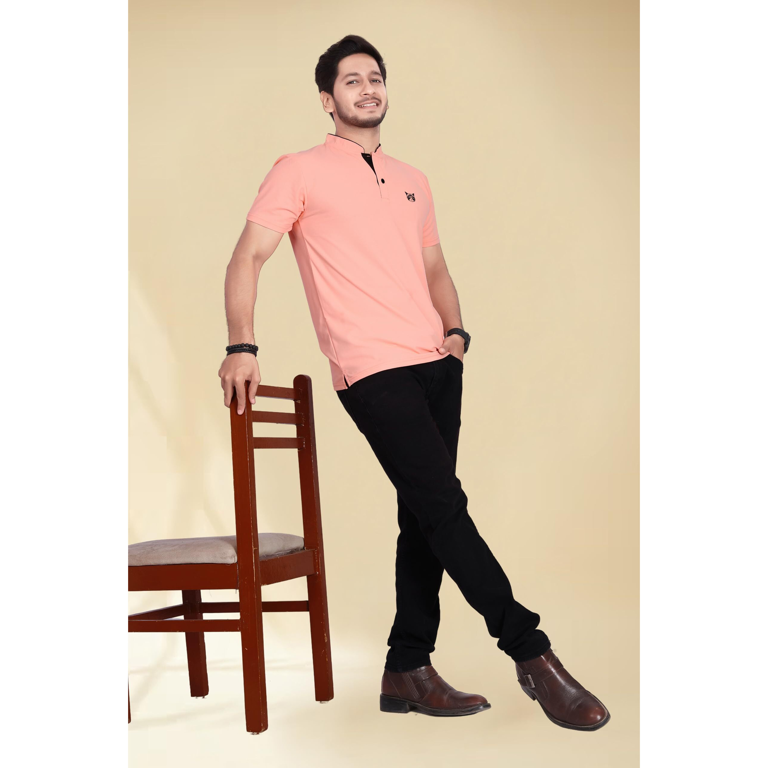 BAGHADBILLO Regular Fit Mandarin Collar T-Shirt Tee for Men & Boys Peach