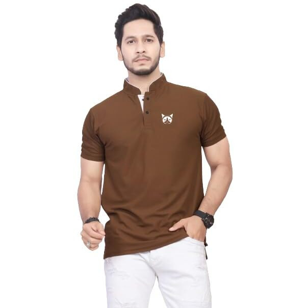 BAGHADBILLO Regular Fit Mandarin Collar T-Shirt Tee for Men & Boys Brown