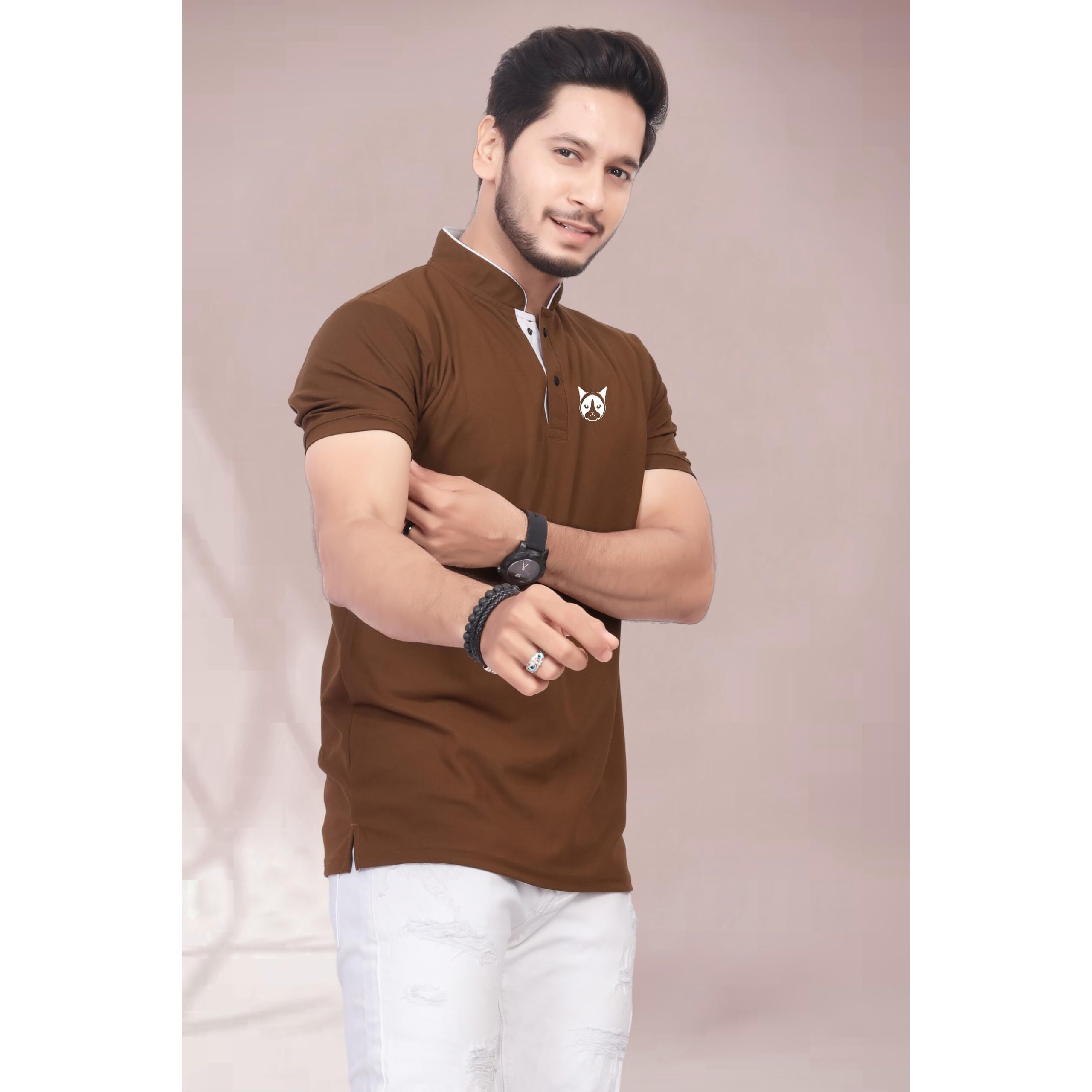 BAGHADBILLO Regular Fit Mandarin Collar T-Shirt Tee for Men & Boys Brown
