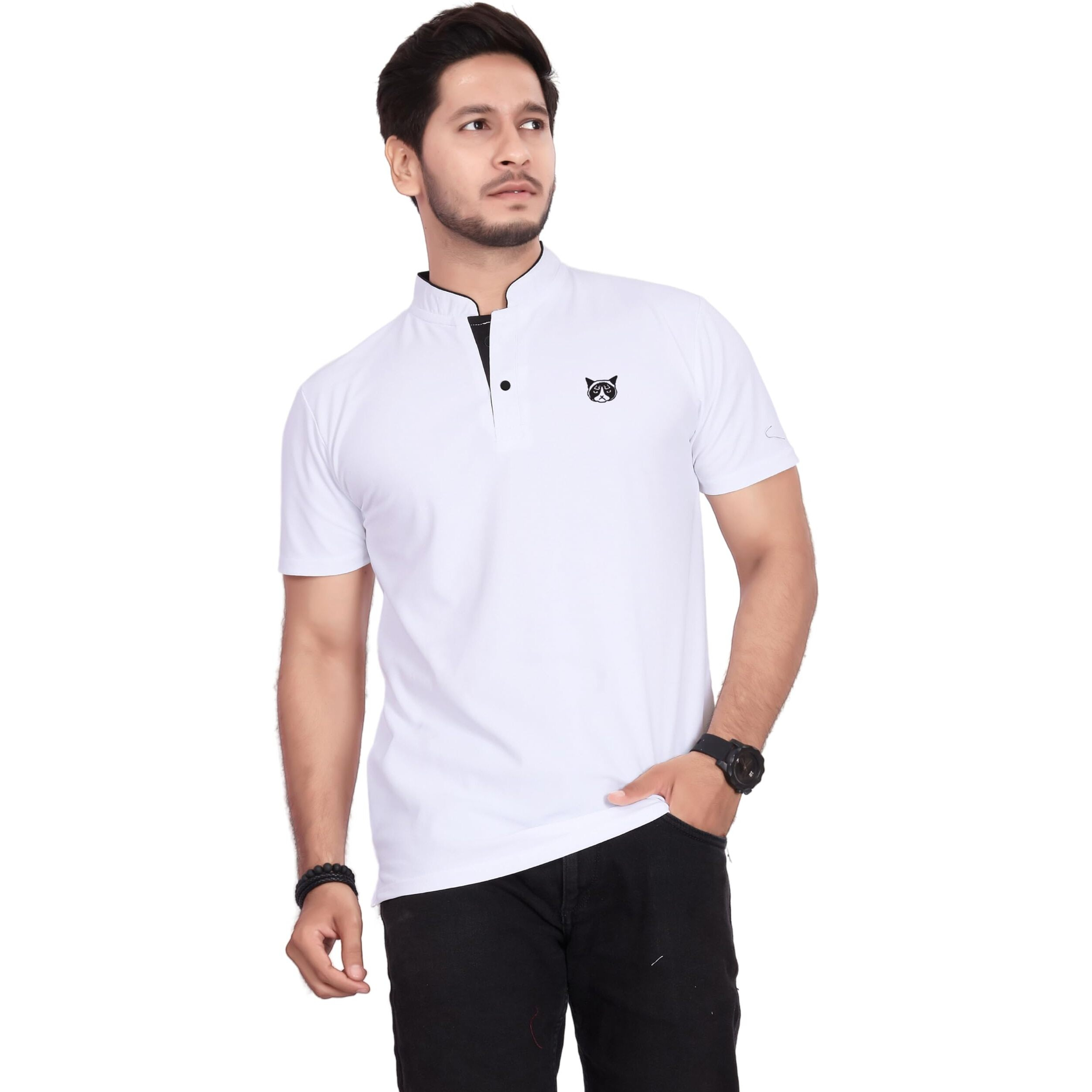 BAGHADBILLO Regular Fit Mandarin Collar T-Shirt Tee for Men & Boys White