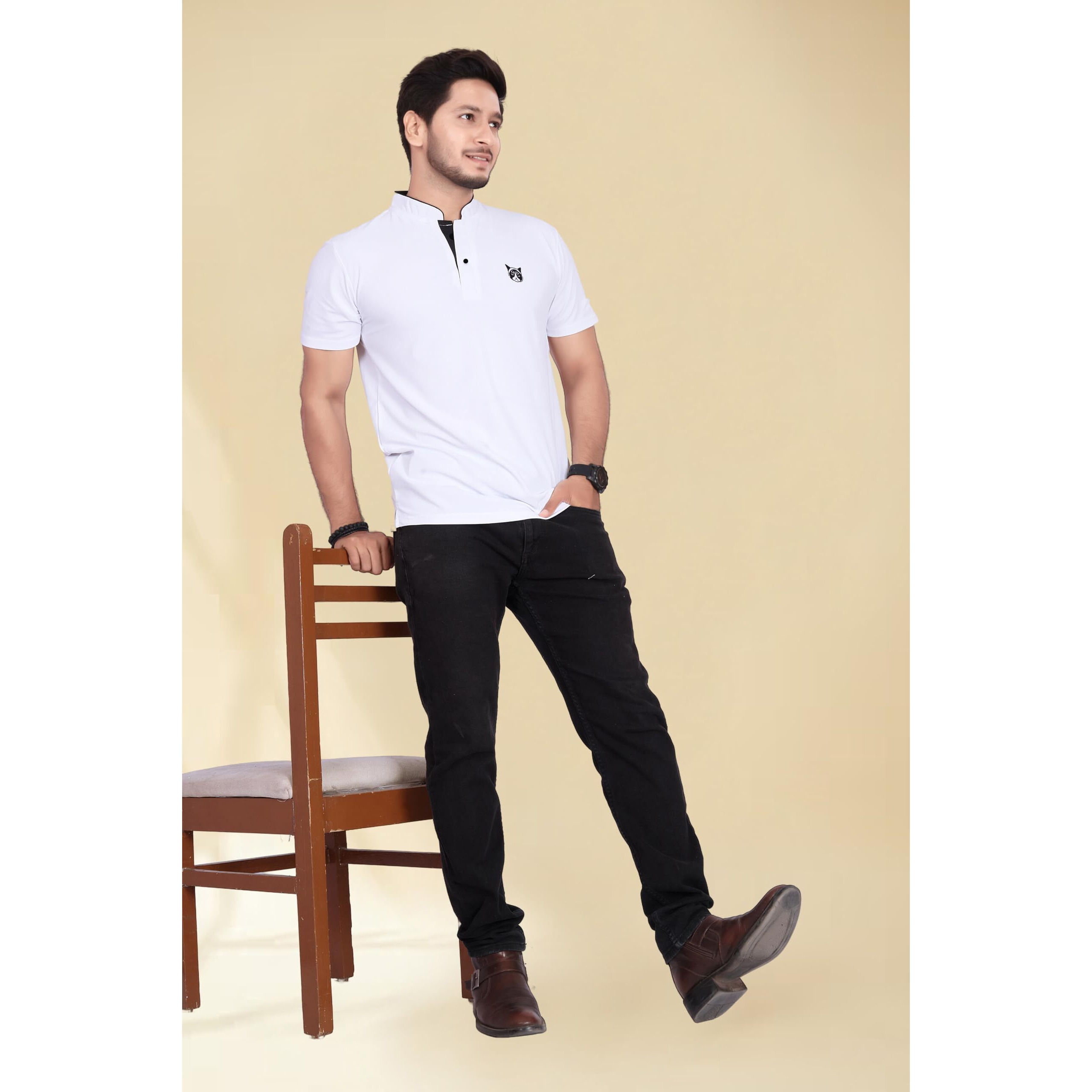 BAGHADBILLO Regular Fit Mandarin Collar T-Shirt Tee for Men & Boys White