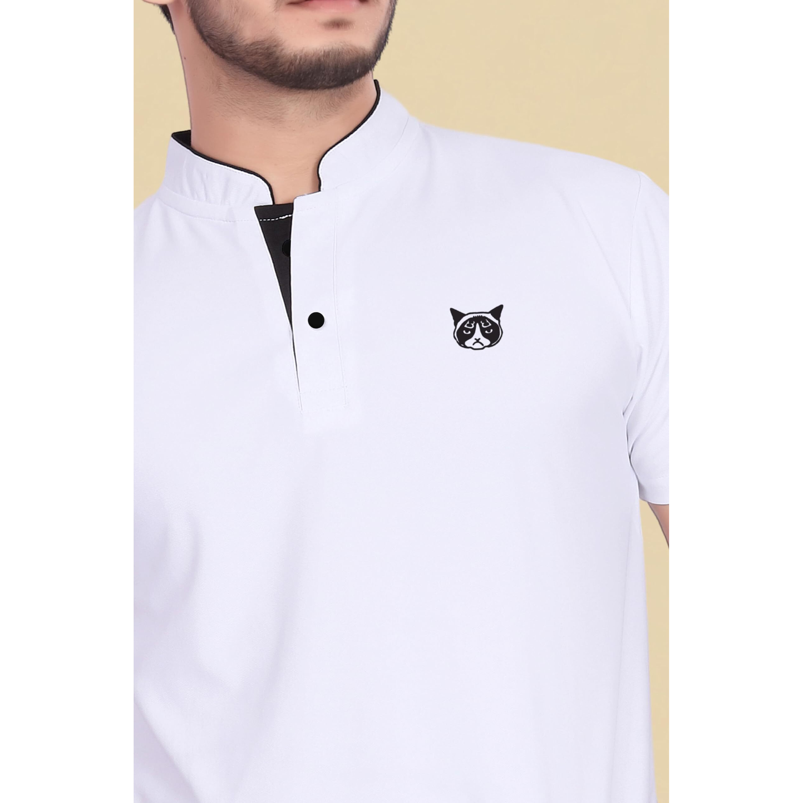 BAGHADBILLO Regular Fit Mandarin Collar T-Shirt Tee for Men & Boys White