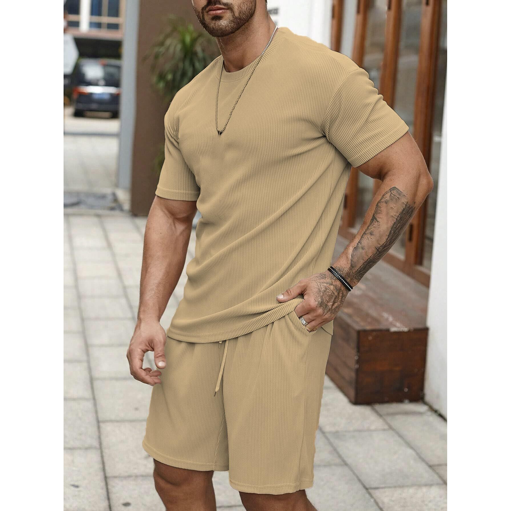 SMOWKLY Men's Pyjama Set || T-Shirt and Shorts Set for Men || Night Wear for Men || Night Suit for Men (1524_CRM_S) Cream