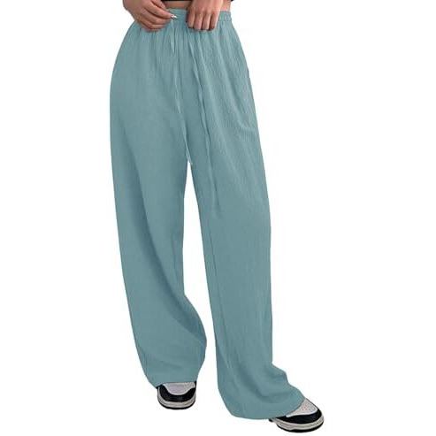 GRECIILOOKS Textured Trousers for Women Oversized Wide Leg Trousers (GL-TR1030-XL-BLUE)
