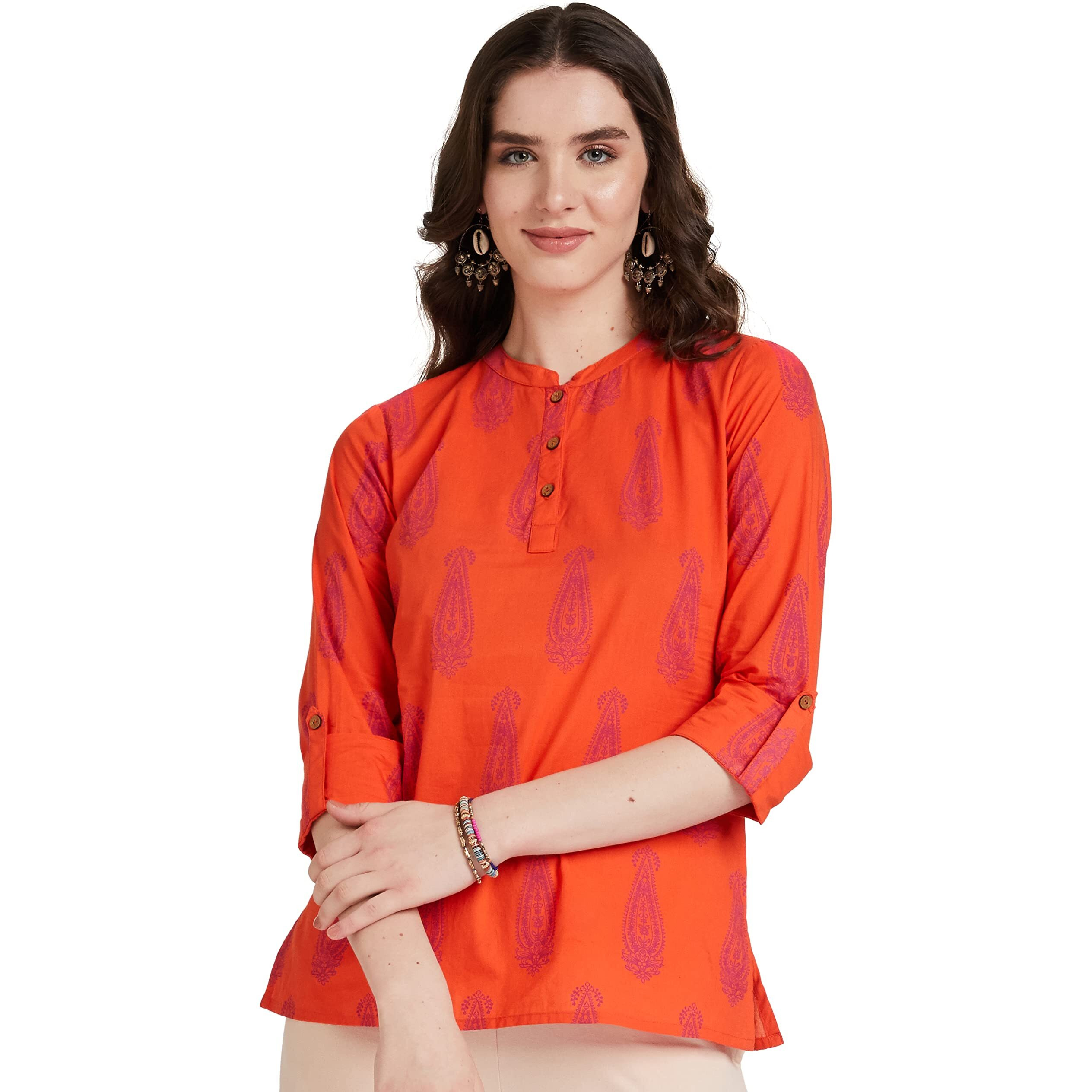 Amazon Brand - Myx Women's Cotton Screen Print Straight Short Kurti (SS19MYXTP019C1_Orange_L)