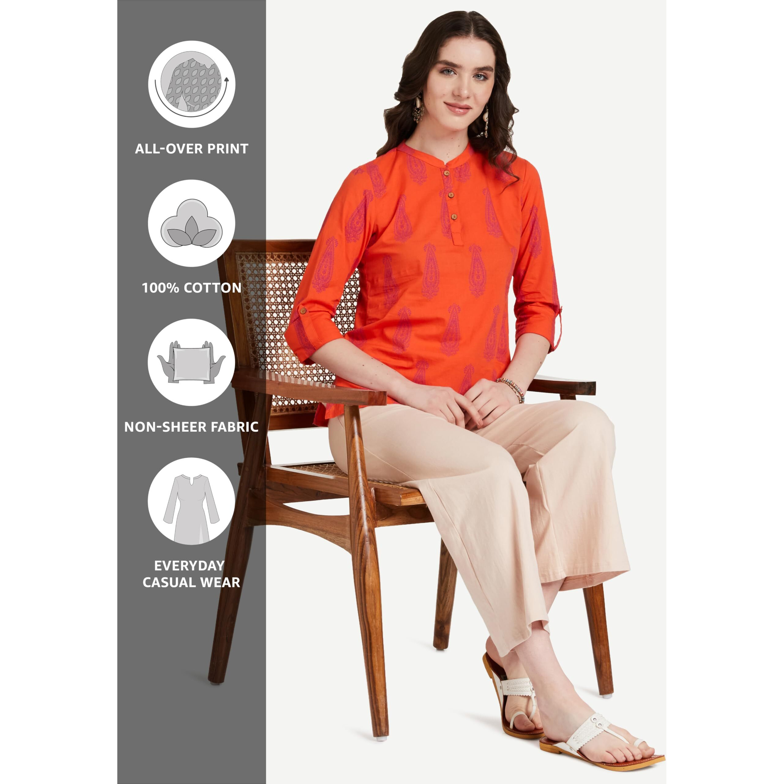 Amazon Brand - Myx Women's Cotton Screen Print Straight Short Kurti (SS19MYXTP019C1_Orange_L)