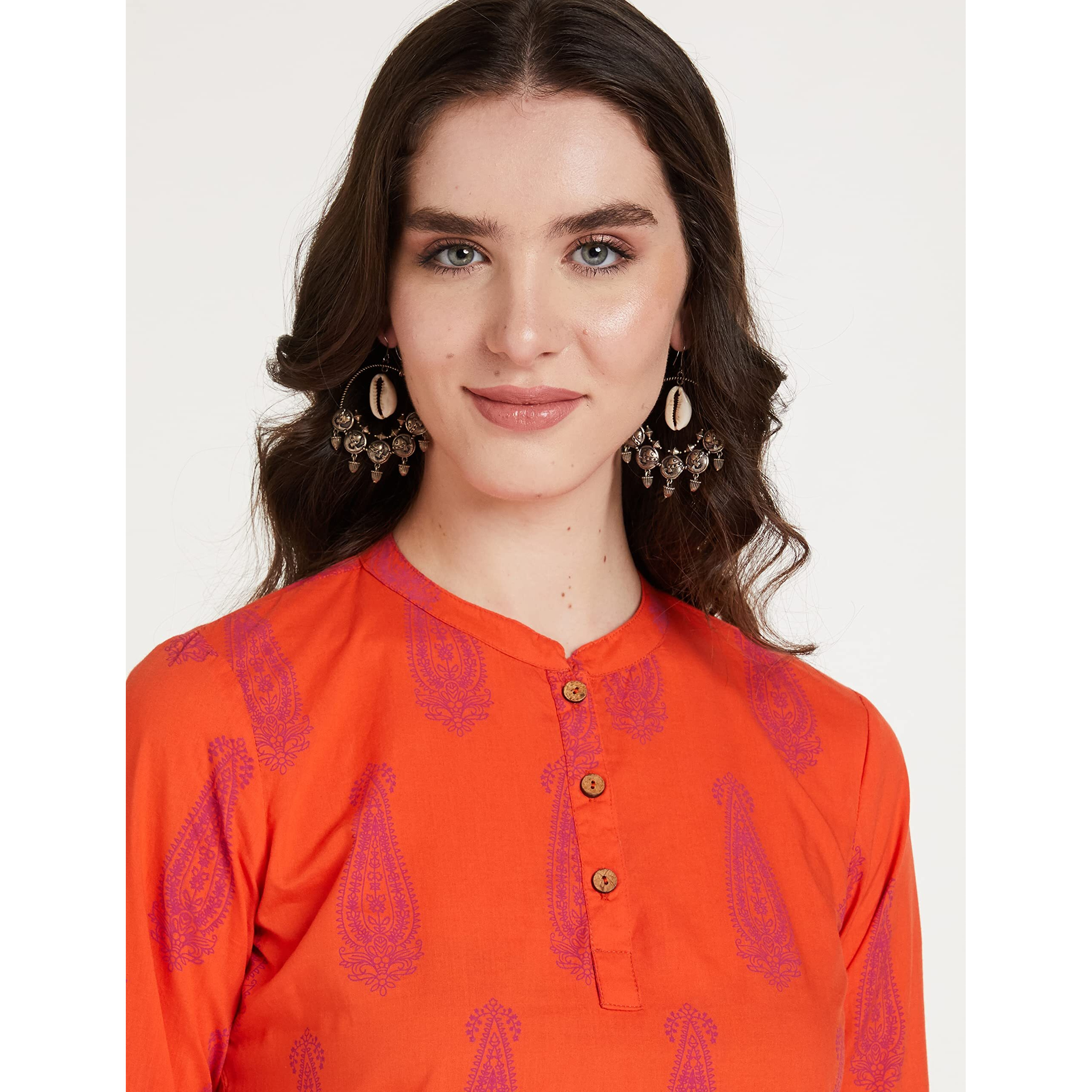Amazon Brand - Myx Women's Cotton Screen Print Straight Short Kurti (SS19MYXTP019C1_Orange_L)