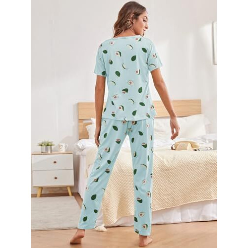 SMOWKLY Printed Round Neck Short Sleeve Nightsuit Set | Pajama Set | Night Dress for Women (1026_SKBL_M) Sky Blue