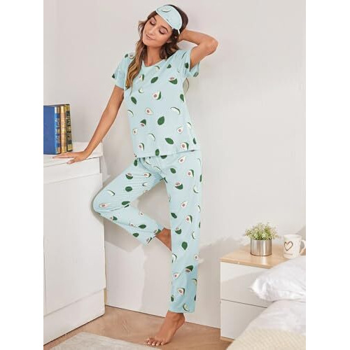 SMOWKLY Printed Round Neck Short Sleeve Nightsuit Set | Pajama Set | Night Dress for Women (1026_SKBL_M) Sky Blue