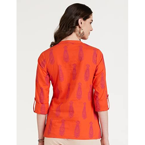 Amazon Brand - Myx Women's Cotton Screen Print Straight Short Kurti (SS19MYXTP019C1_Orange_S)