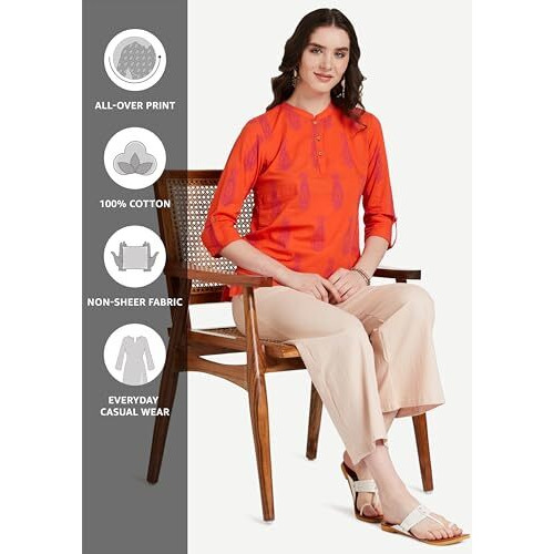 Amazon Brand - Myx Women's Cotton Screen Print Straight Short Kurti (SS19MYXTP019C1_Orange_S)