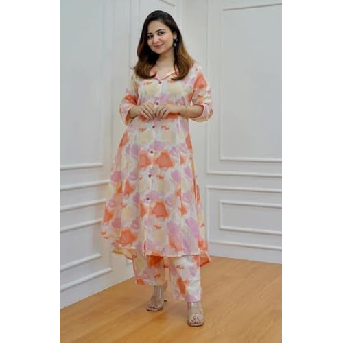 GRECIILOOKS Women Rayon A-Line Regular Fit Kurta Set (Orange, X-Large)